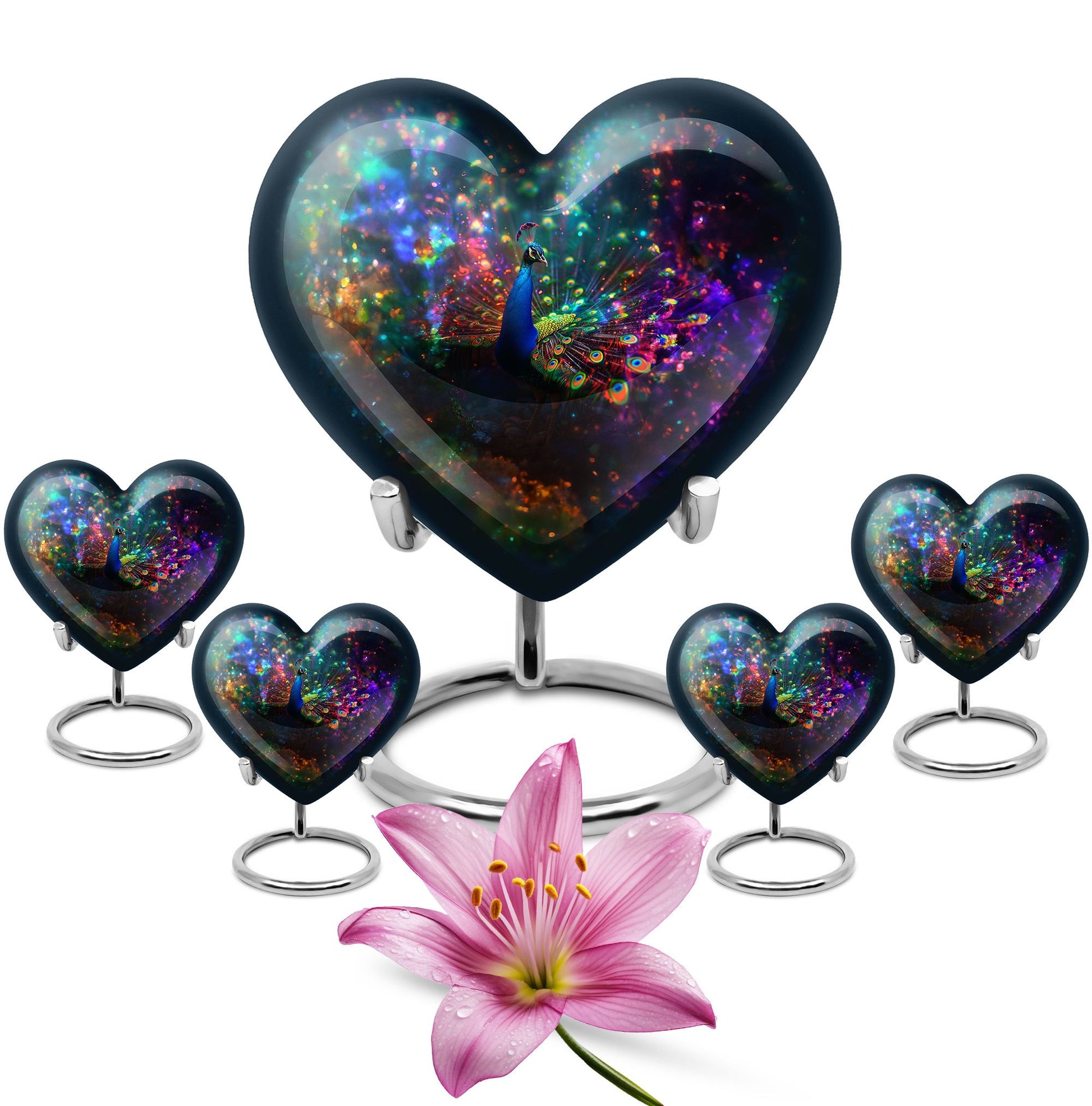 Peacock Theme Large Urn With 4 Keepsake Urn