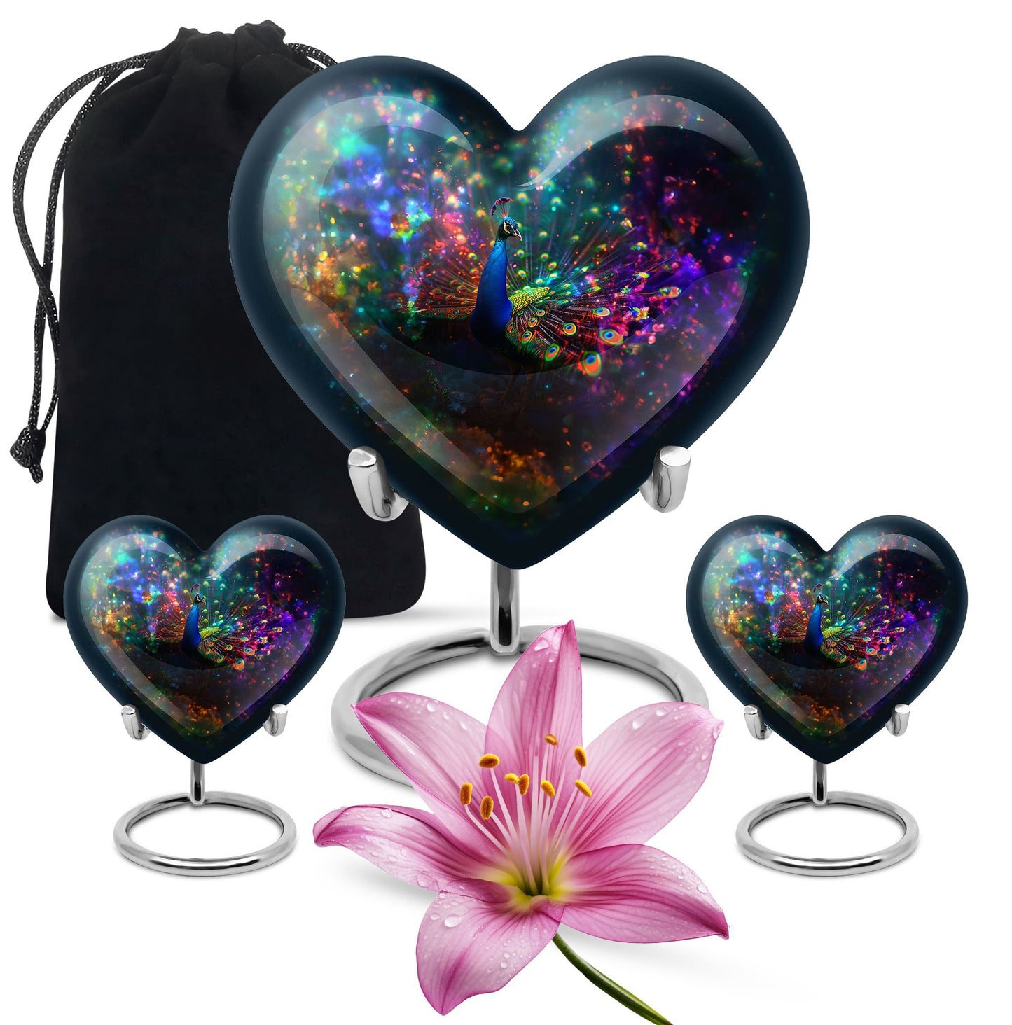 Peacock Theme Large Urn With 2 Keepsake Urn