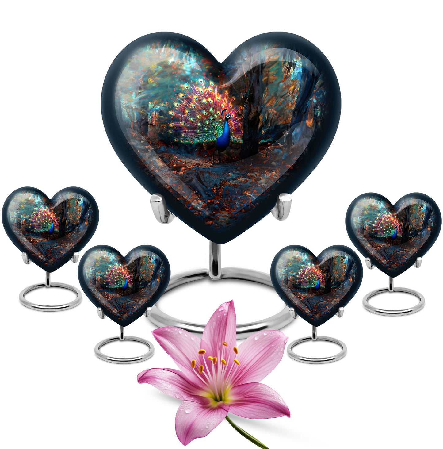 Peacock Theme Large Urn With 4 Keepsake Urn