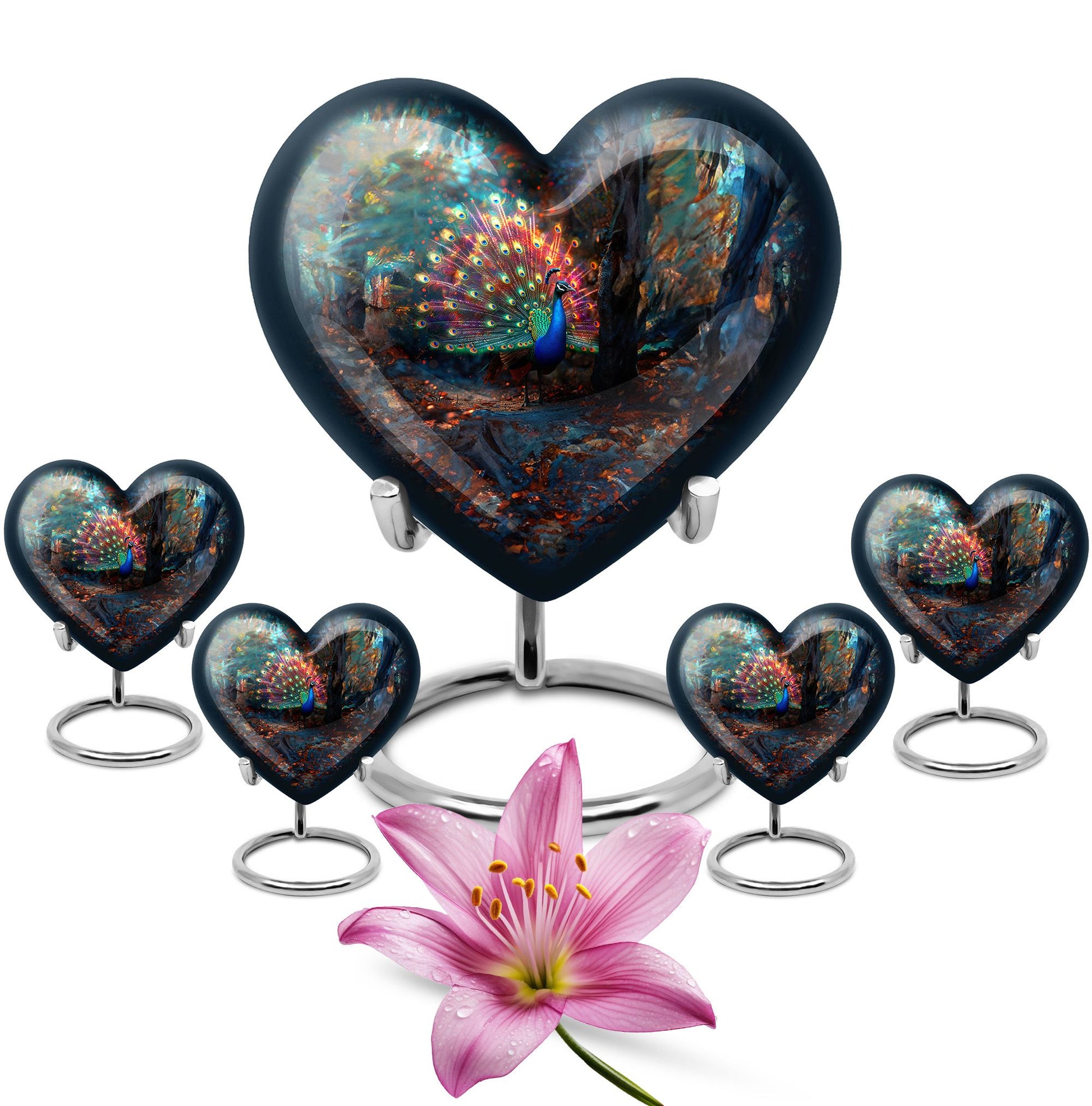 Peacock Theme Large Urn With 4 Keepsake Urn