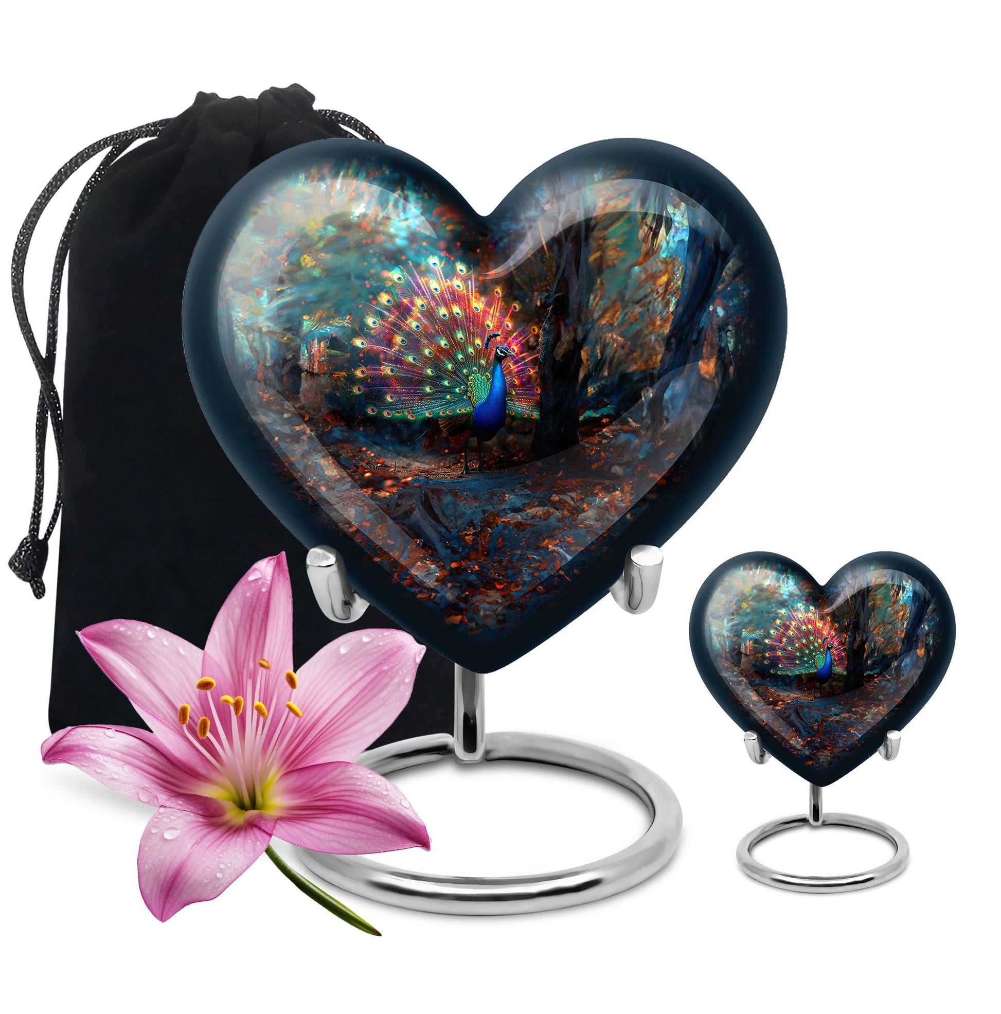 Peacock Theme Large Urn With 1 Keepsake Urn