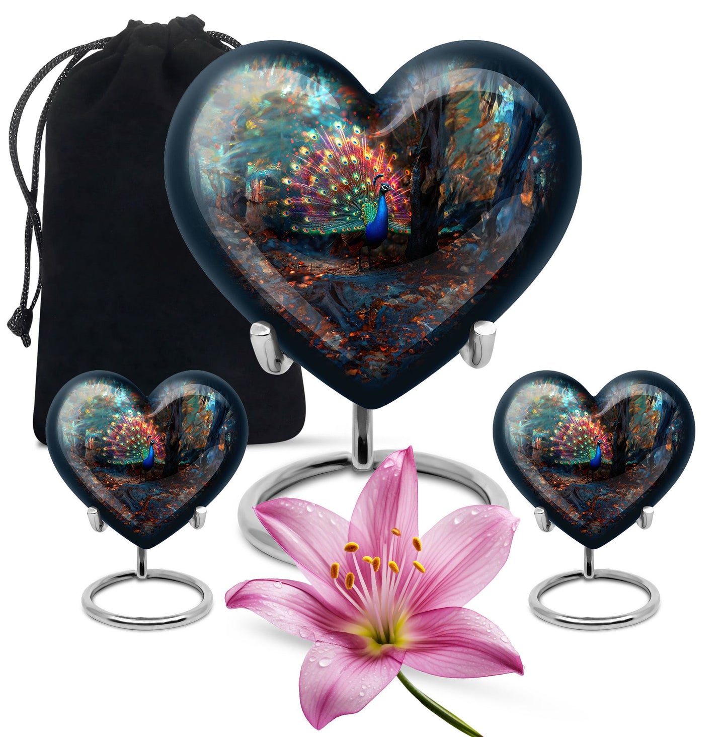 Peacock Theme Large Urn With 2 Keepsake Urn