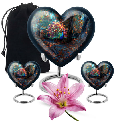 Peacock Theme Large Urn With 2 Keepsake Urn
