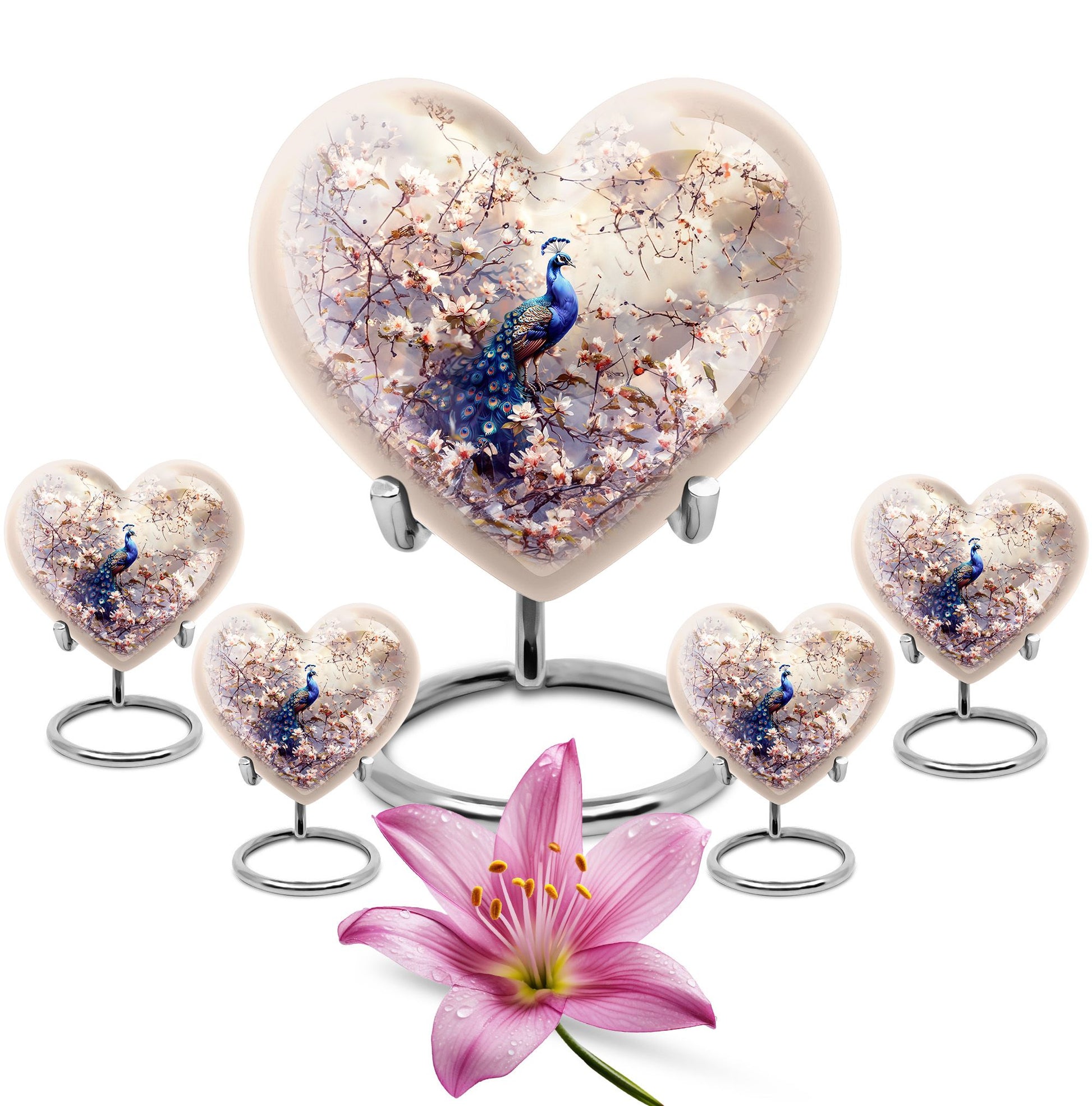 Peacock Theme Large Urn With 4 Keepsake Urn