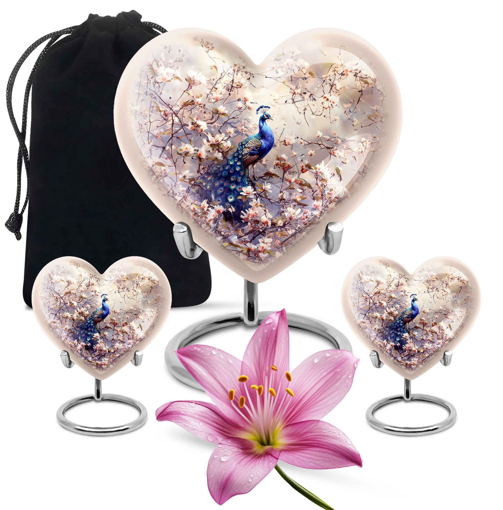 Peacock Theme Large Urn With 2 Keepsake Urn