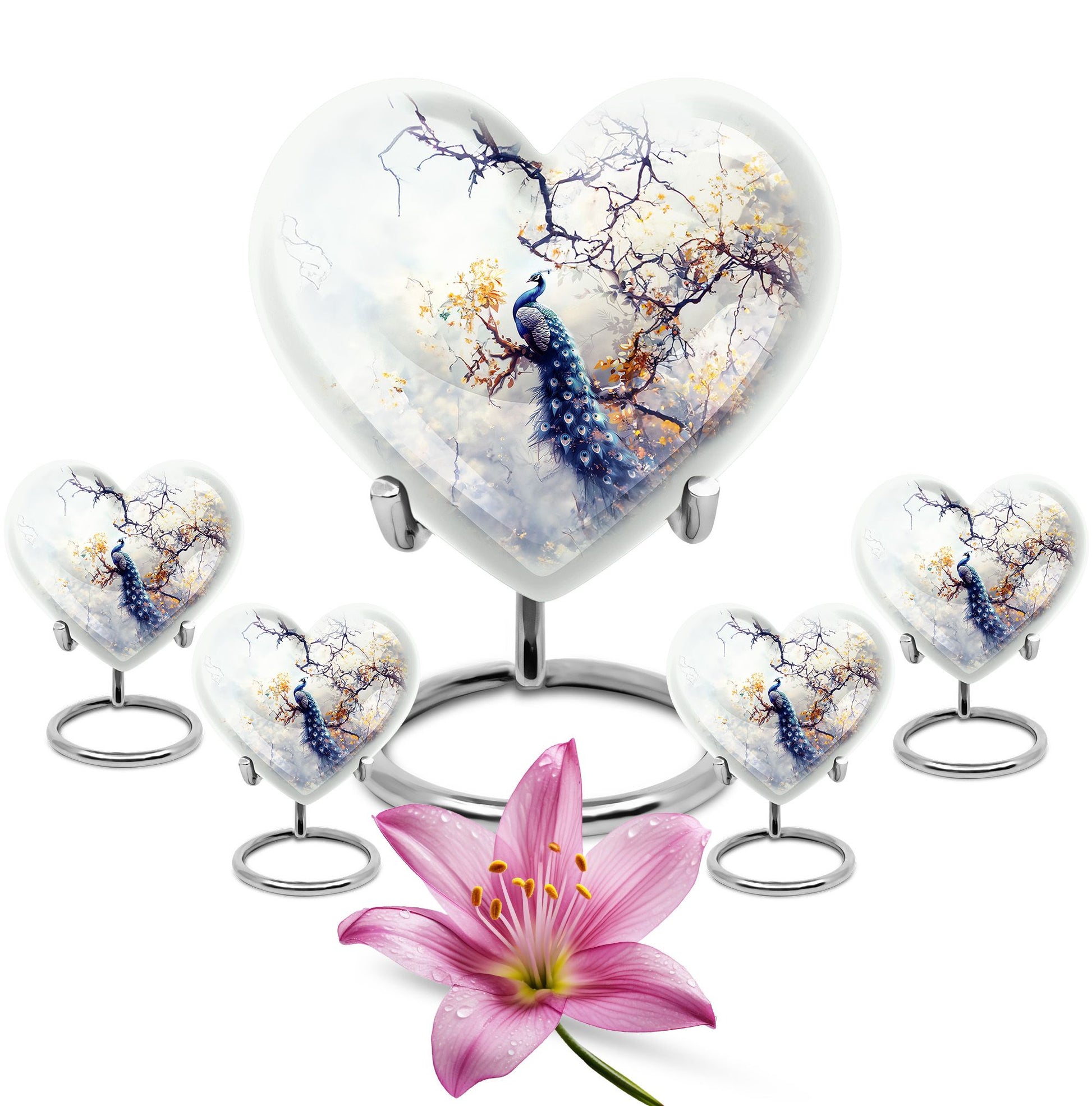 Peacock Theme Large Urn With 4 Keepsake Urn