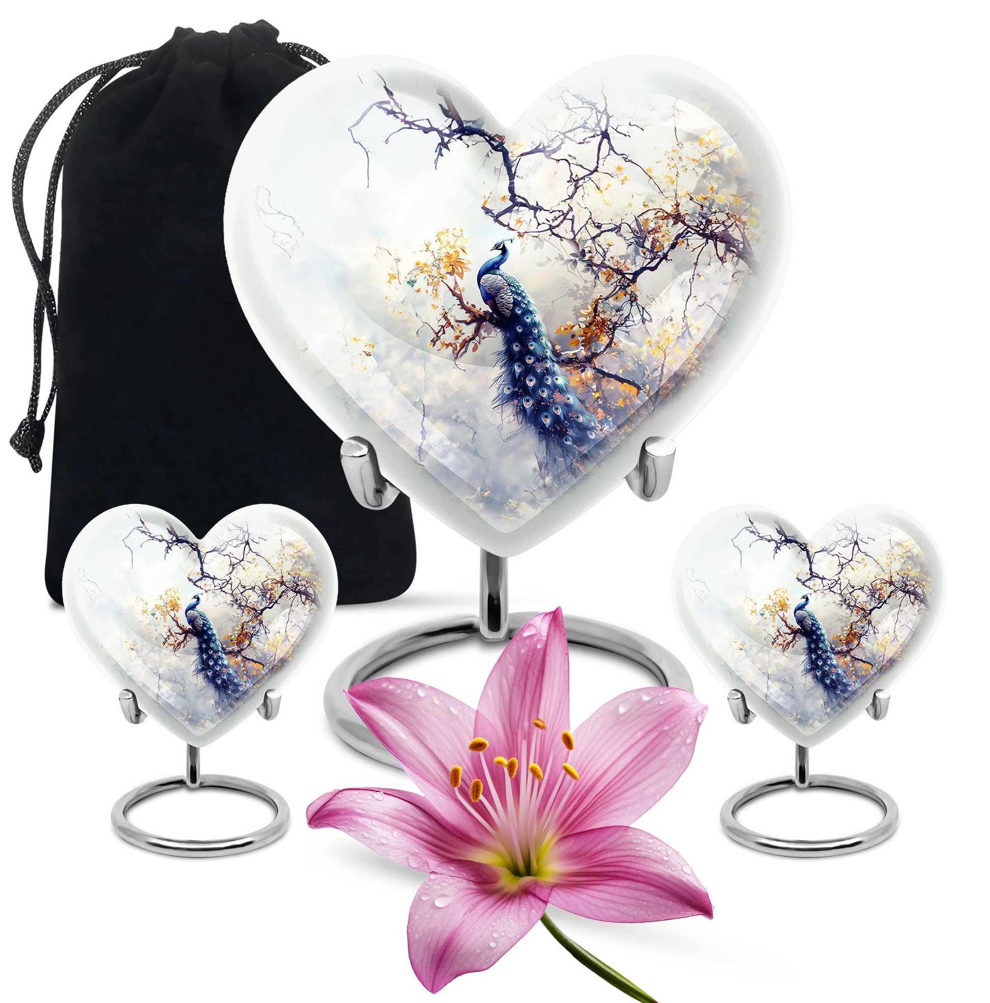 Peacock Theme Large Urn With 2 Keepsake Urn