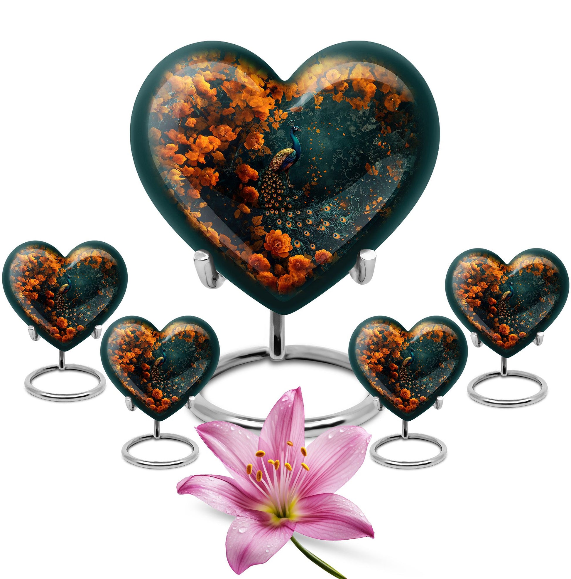 Peacock Theme Large Urn With 4 Keepsake Urn