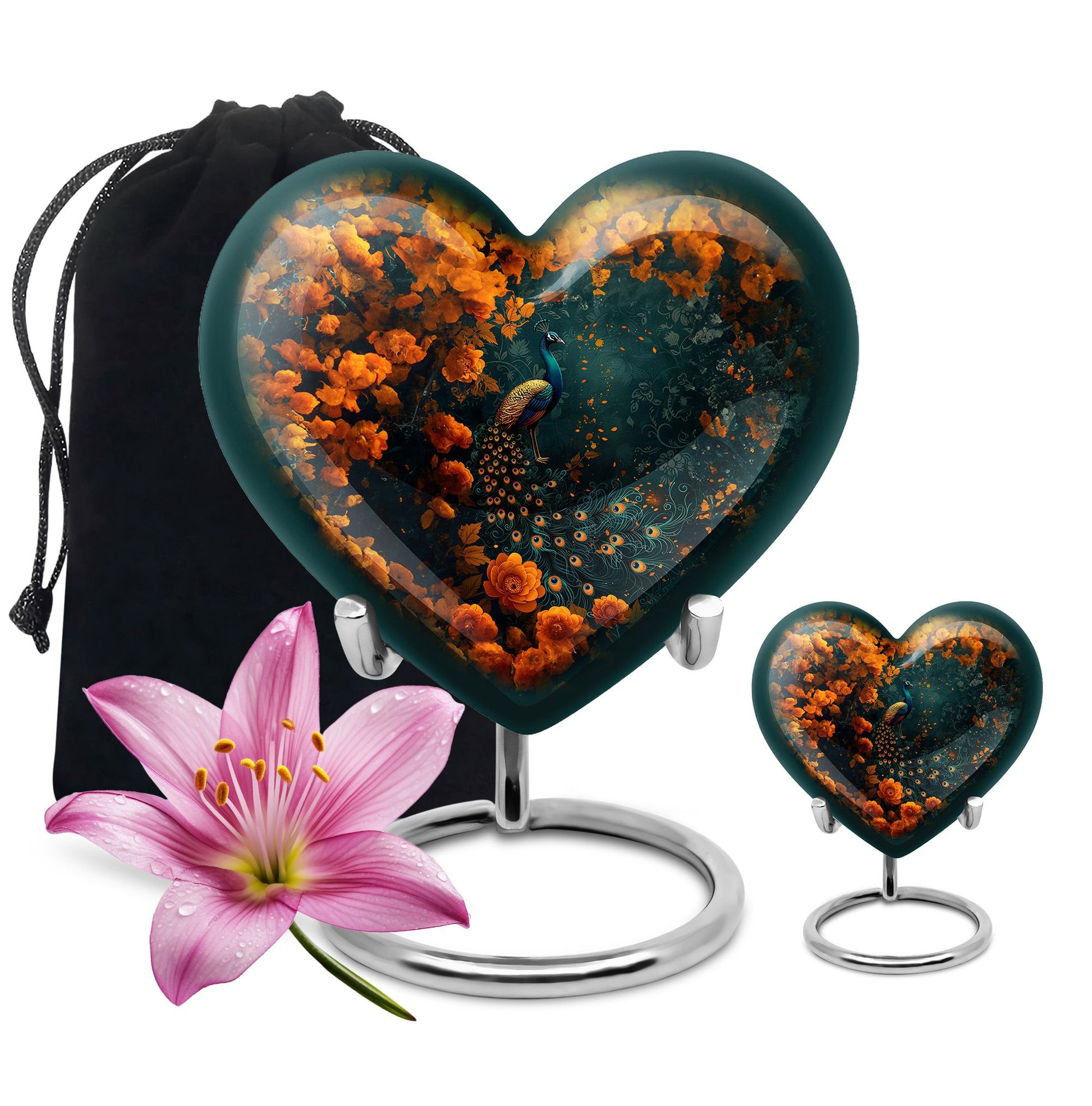 Peacock Theme Large Urn With 1 Keepsake Urn