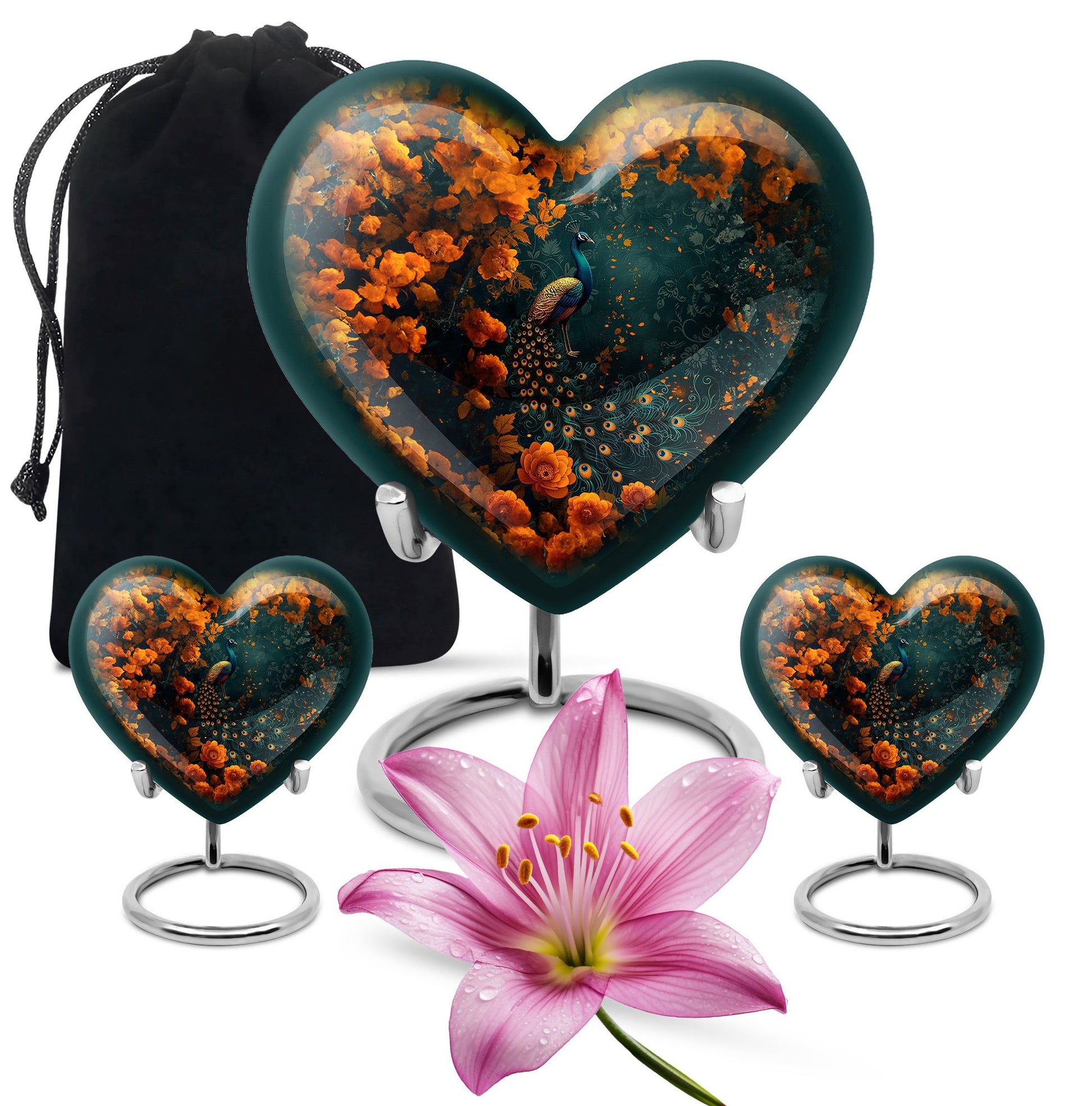 Peacock Theme Large Urn With 2 Keepsake Urn