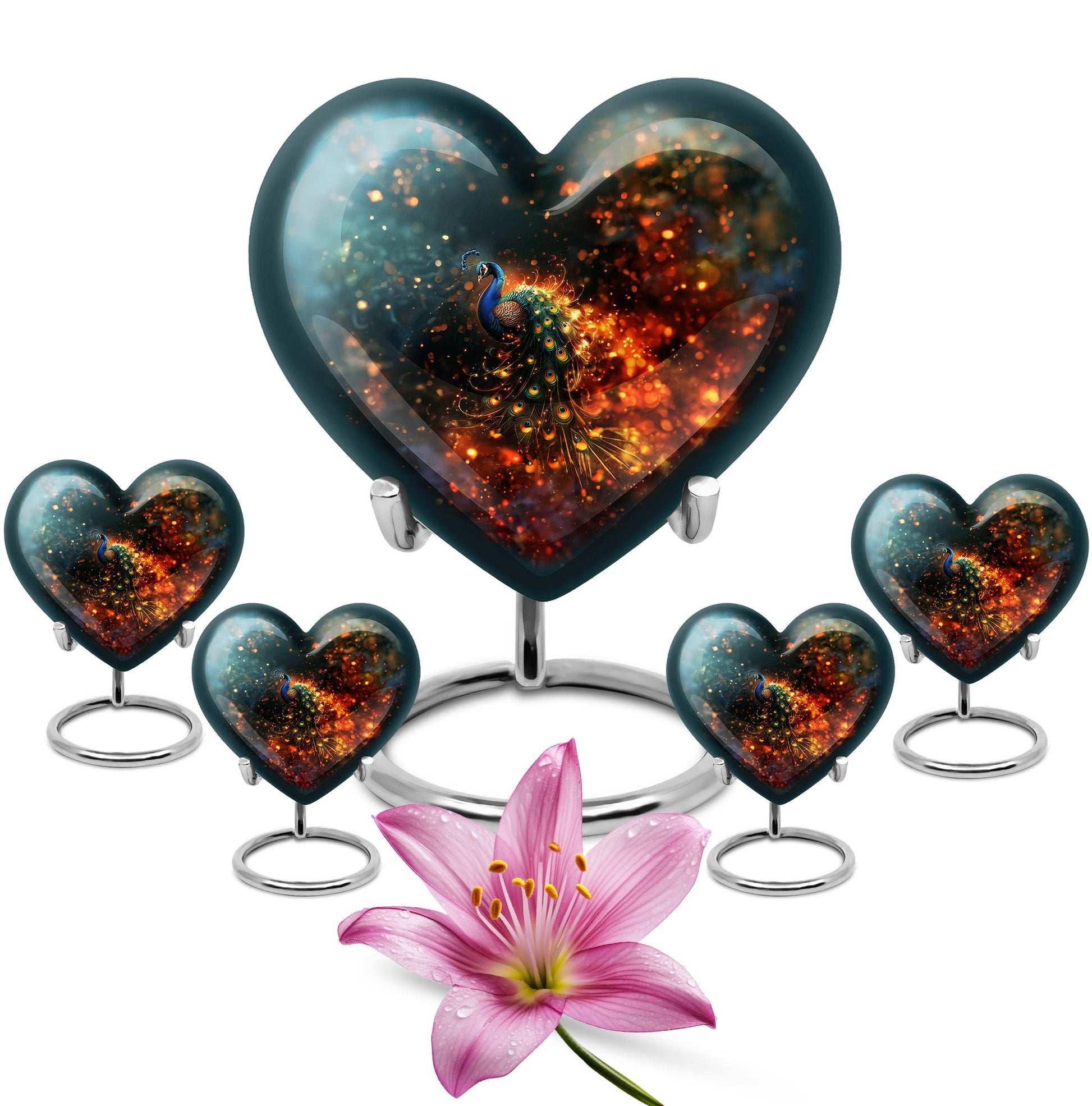 Peacock Theme Large Urn With 4 Keepsake Urn