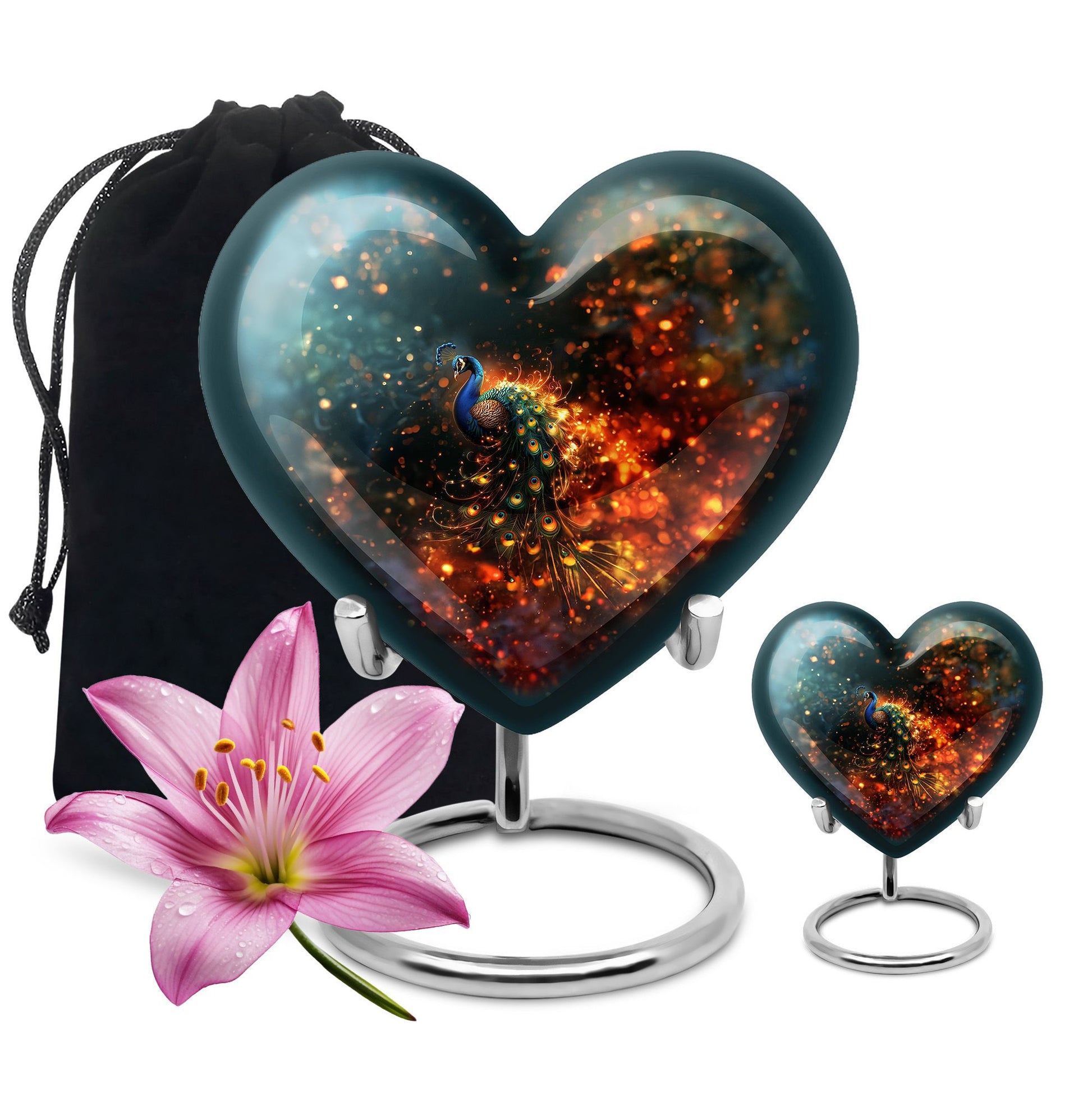 Peacock Theme Large Urn With 1 Keepsake Urn