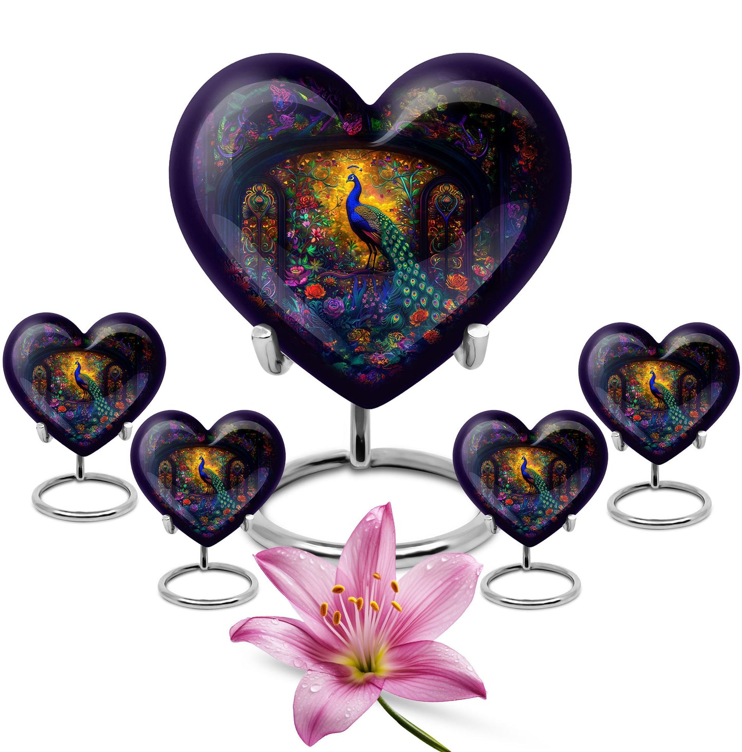 Peacock Theme Large Urn With 4 Keepsake Urn