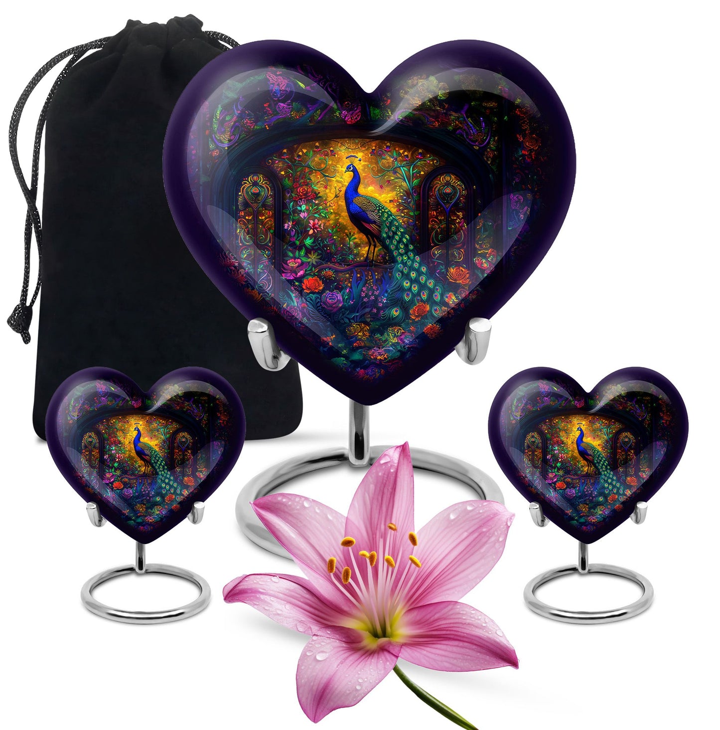 Peacock Theme Large Urn With 2 Keepsake Urn