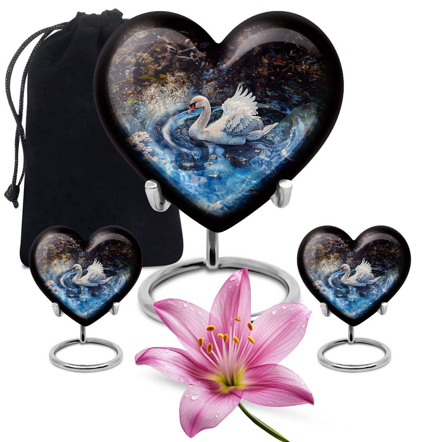 Swan Theme Large Urn With 2 Keepsake Urn