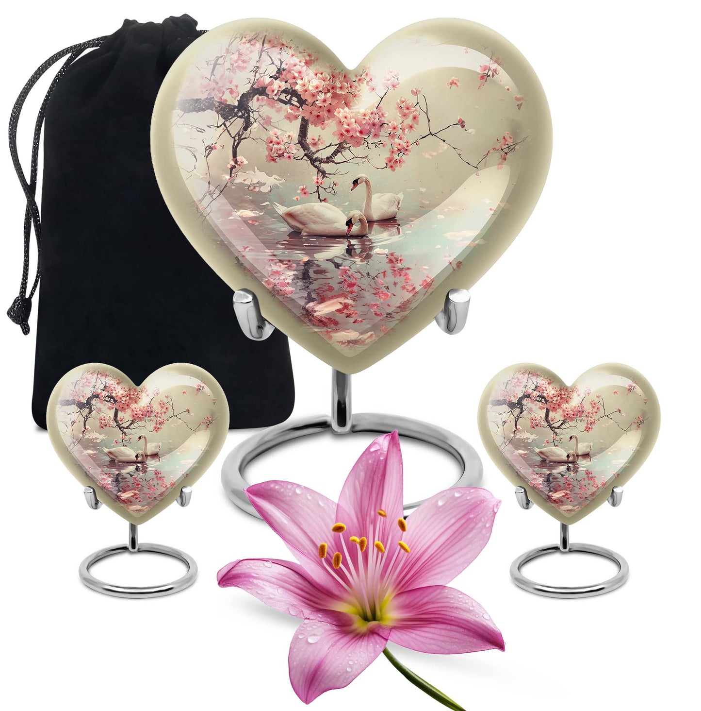 Swan Theme Large Urn With 2 Keepsake Urn