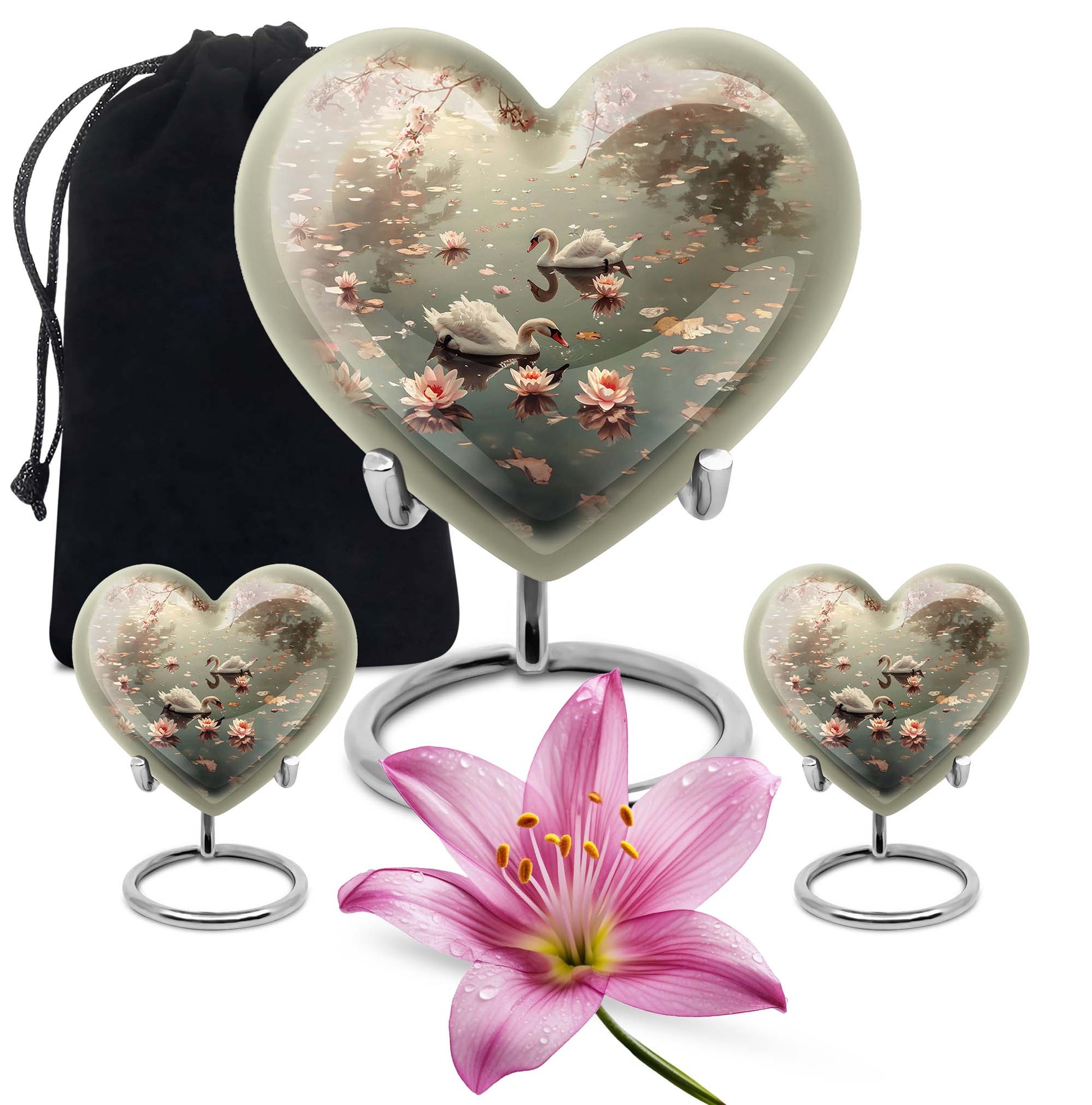 Swan Theme Large Urn With 2 Keepsake Urn