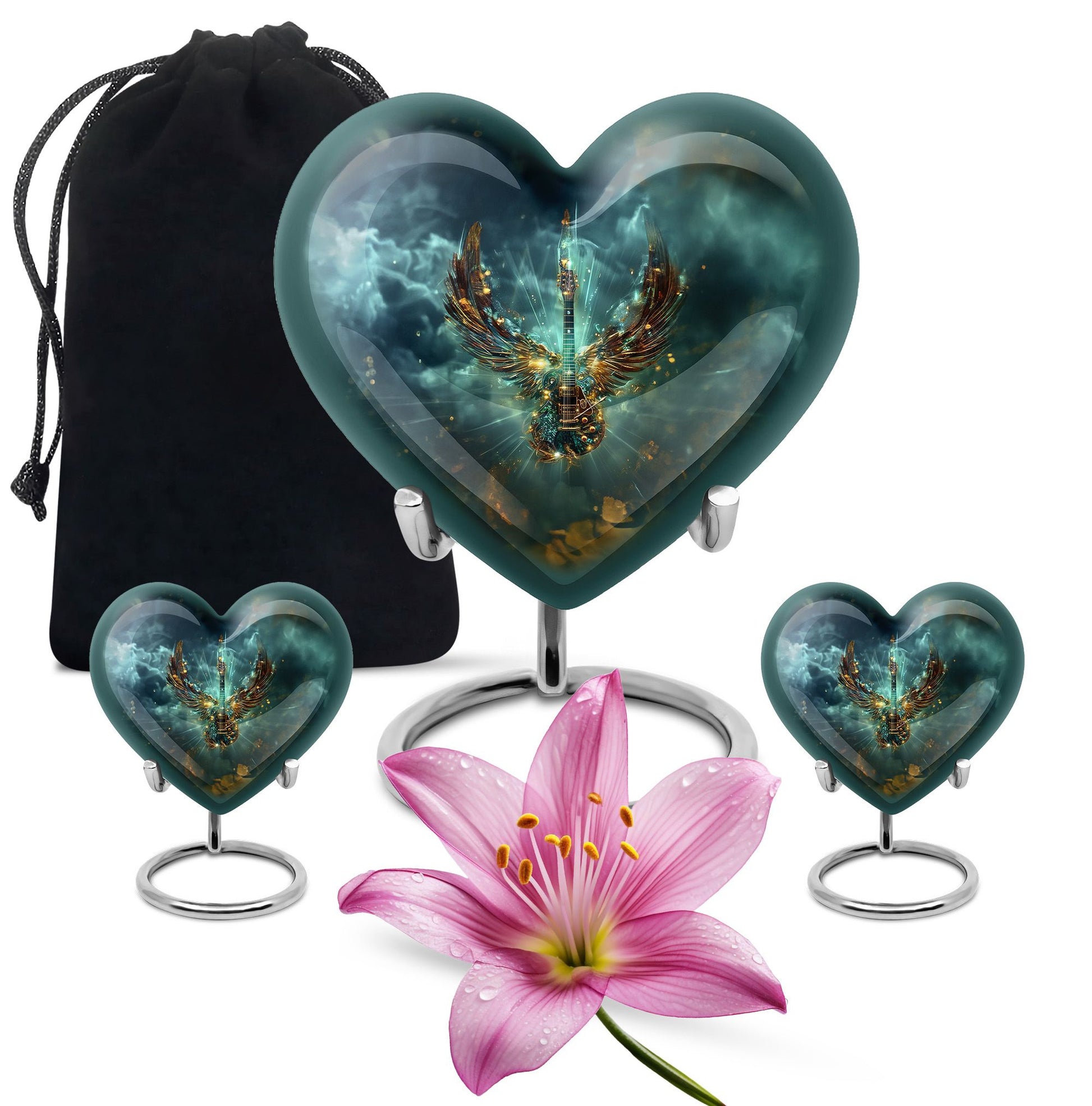 Guitar Theme Large Urn With 2 Keepsake Urn