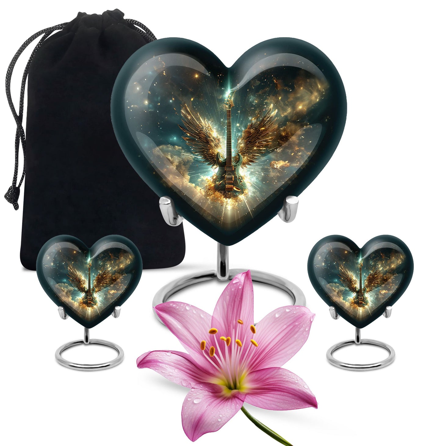 Guitar Theme Large Urn With 2 Keepsake Urn