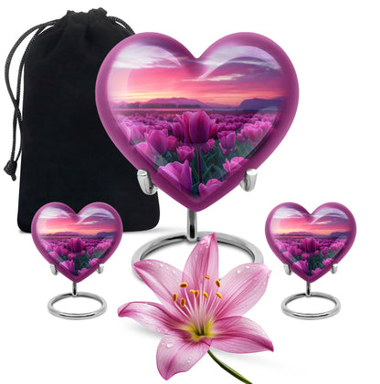 Tulips Theme Large Urn With 2 Keepsake Urn