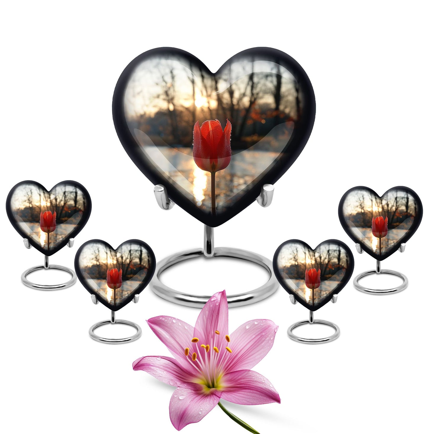 Tulips Theme Large Urn With 4 Keepsake Urn