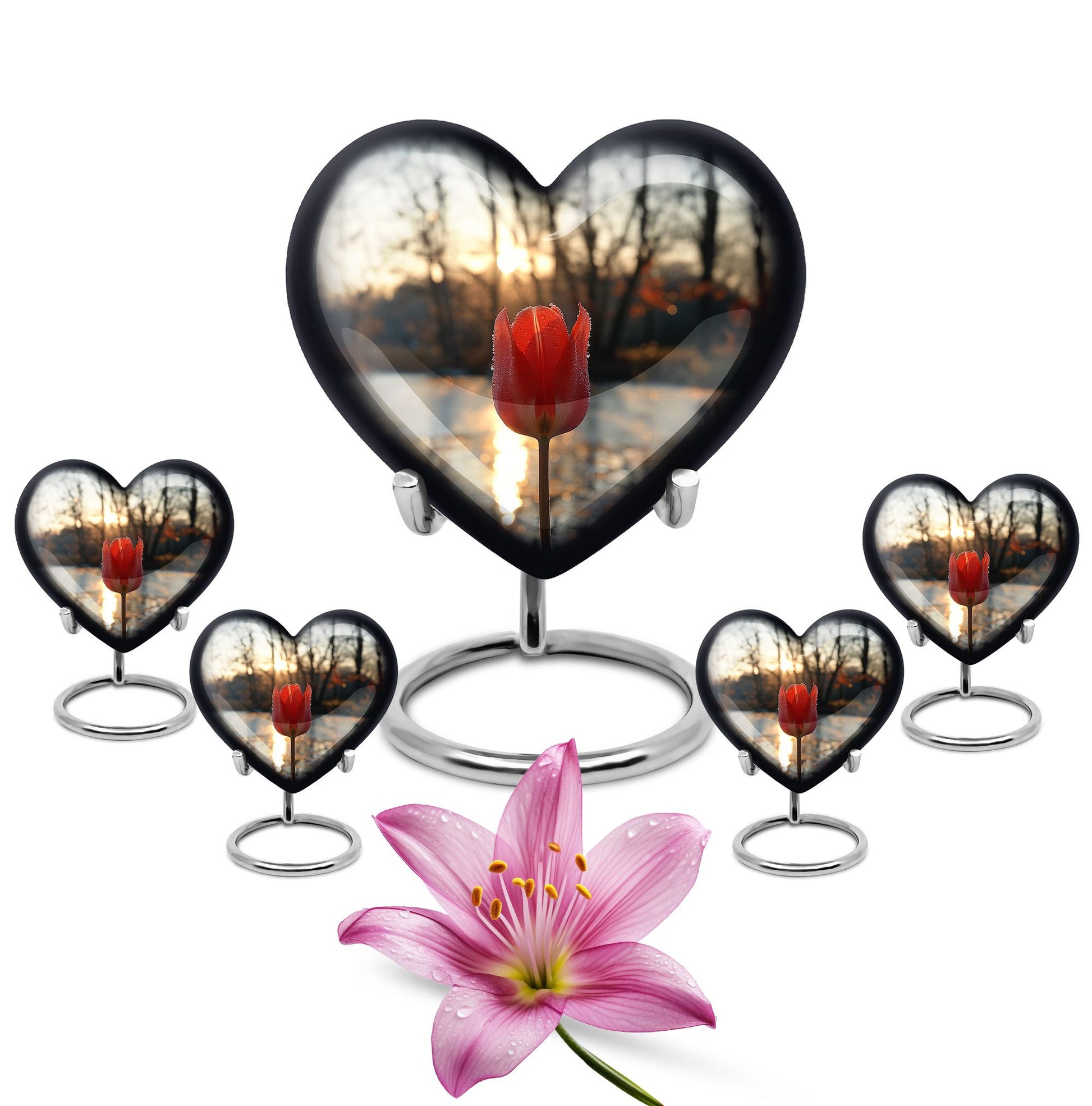 Tulips Theme Large Urn With 4 Keepsake Urn