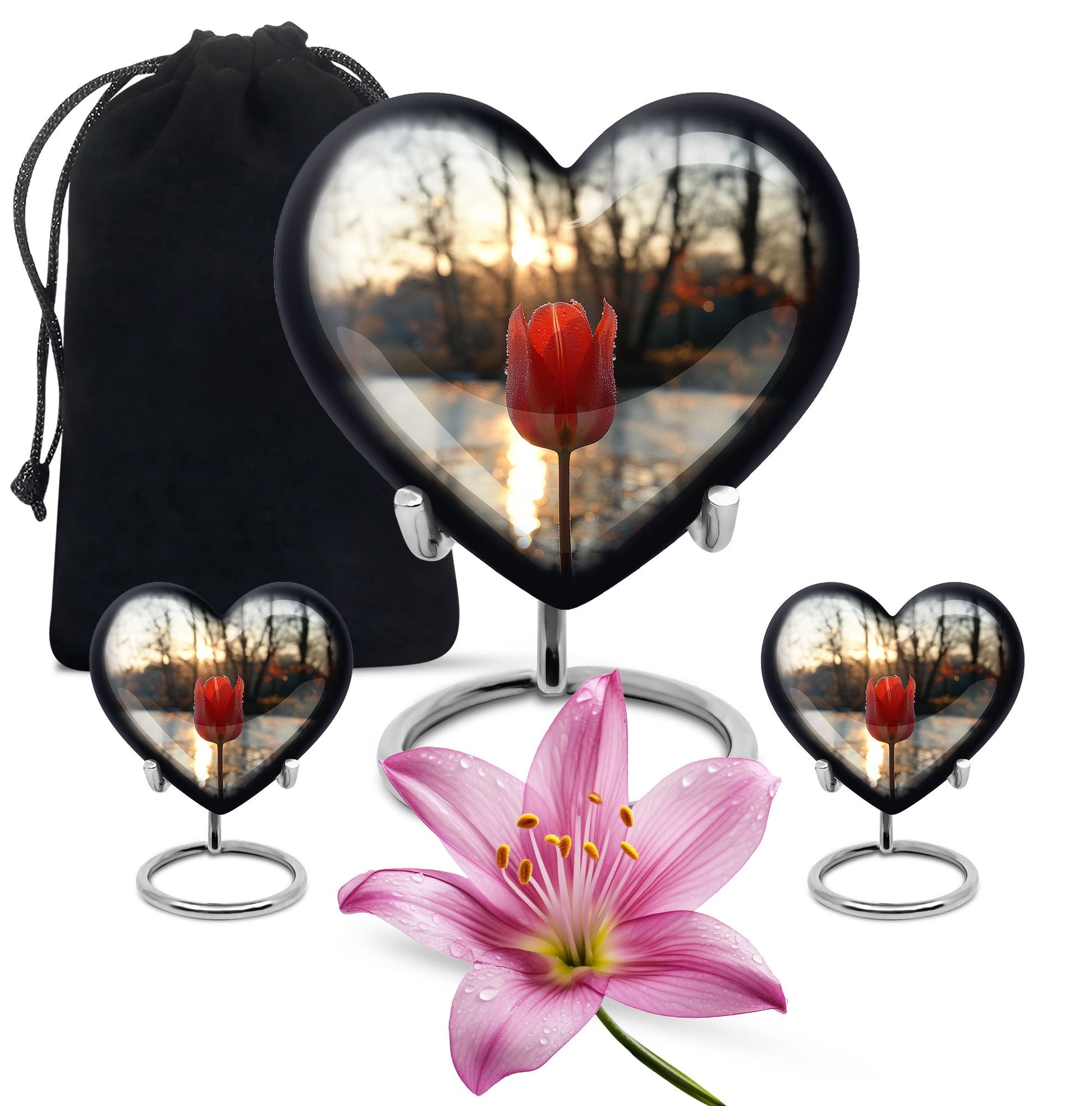 Tulips Theme Large Urn With 2 Keepsake Urn