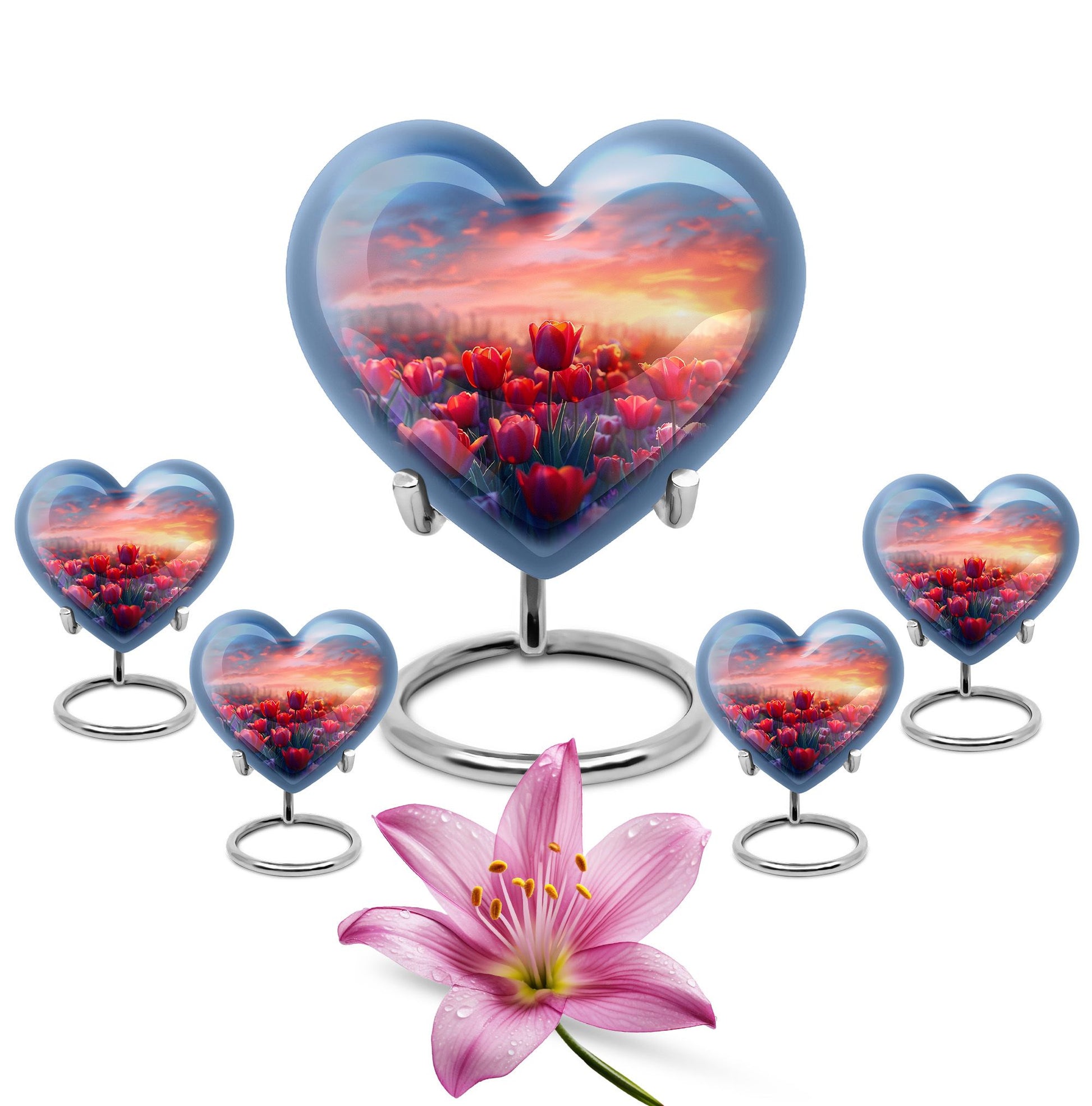 Tulips Theme Large Urn With 4 Keepsake Urn