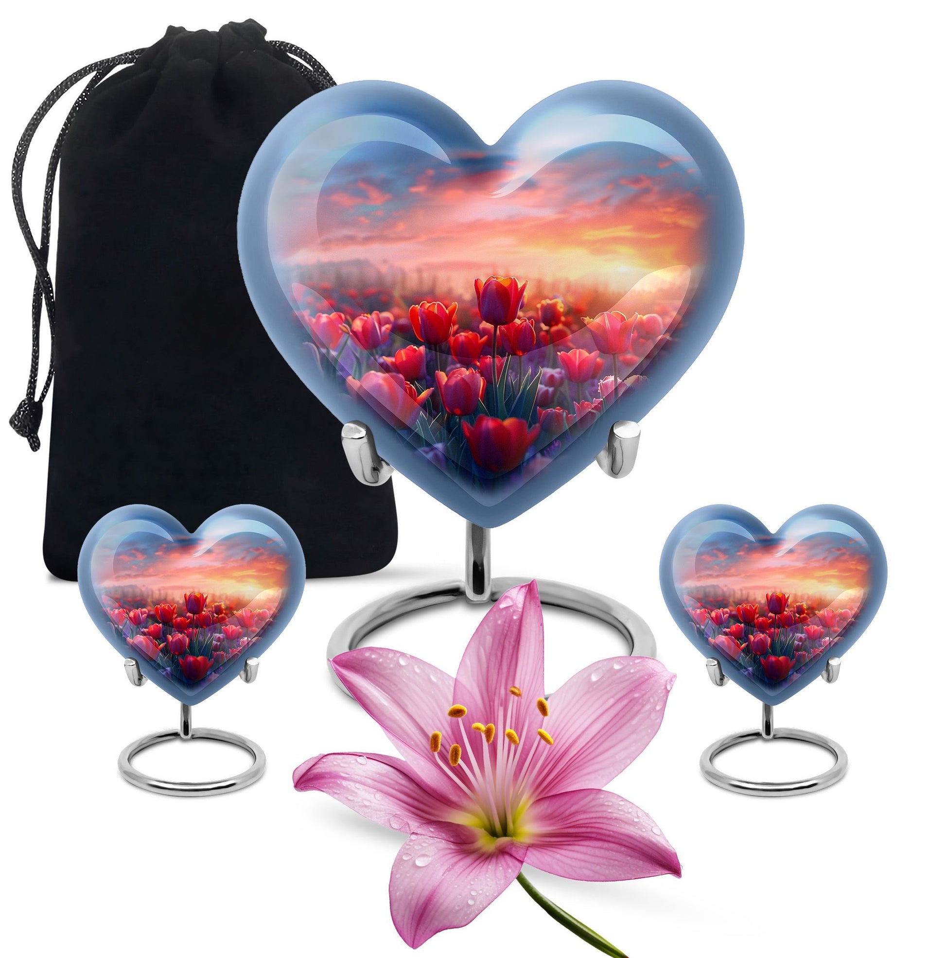 Tulips Theme Large Urn With 2 Keepsake Urn