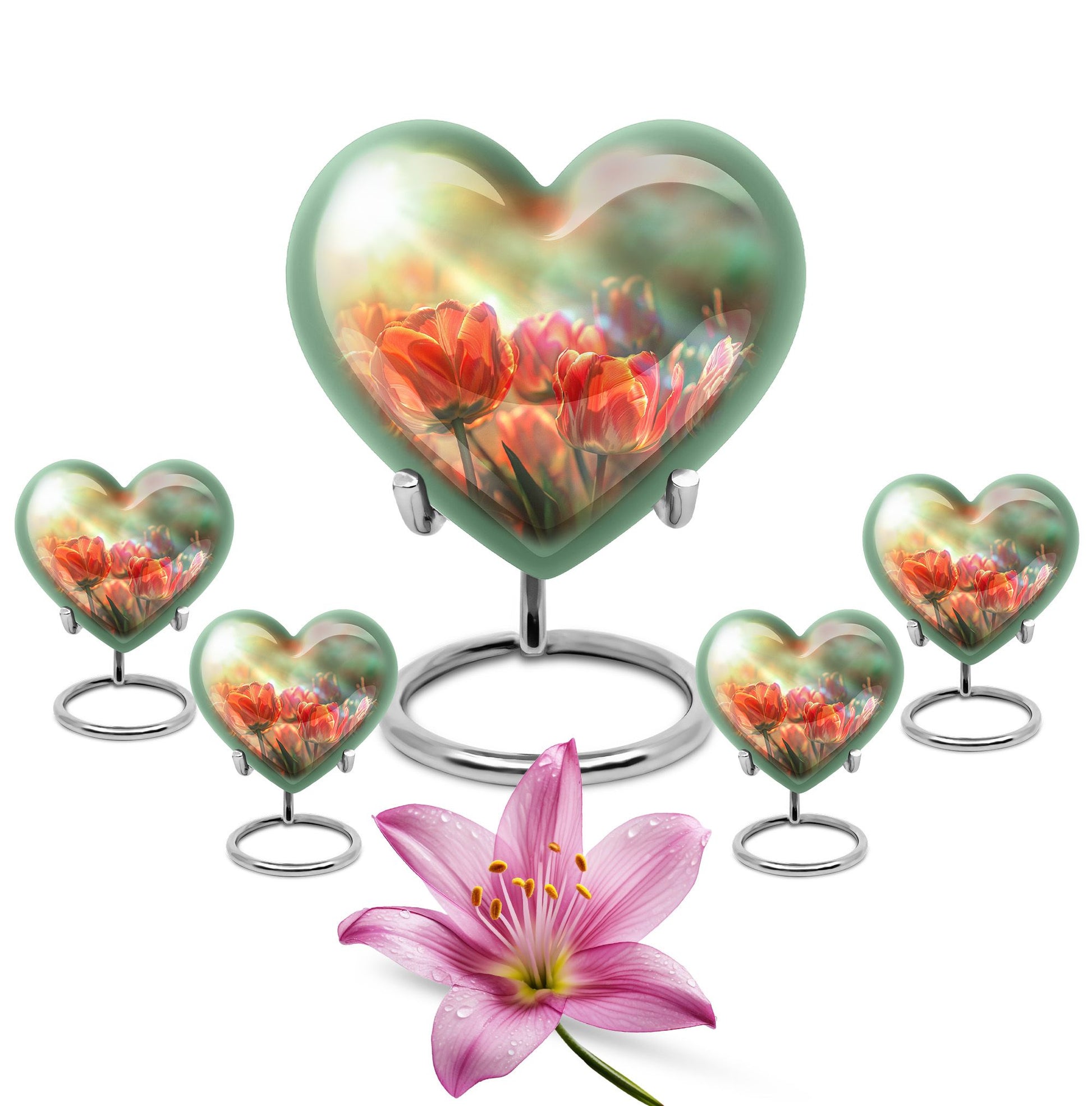 Tulips Theme Large Urn With 4 Keepsake Urn