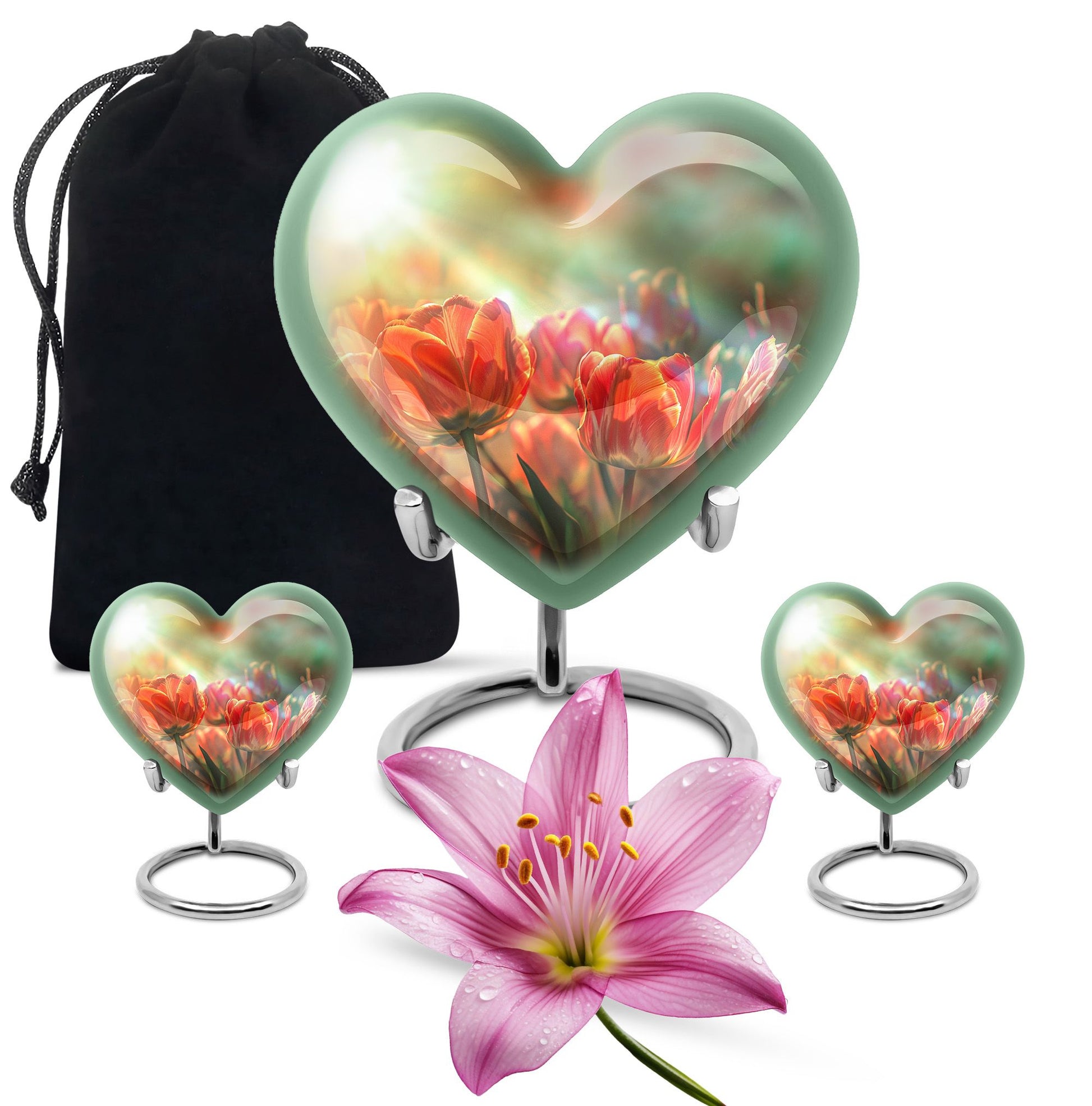 Tulips Theme Large Urn With 2 Keepsake Urn