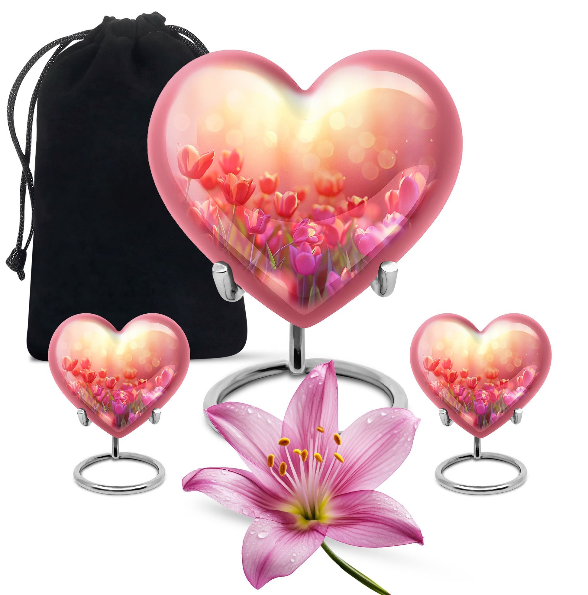 Tulips Theme Large Urn With 2 Keepsake Urn