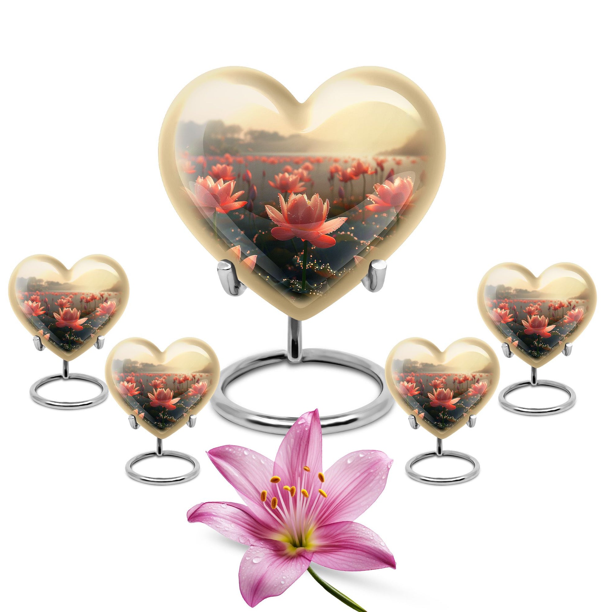 Lotus Theme Large Urn With 4 Keepsake Urn