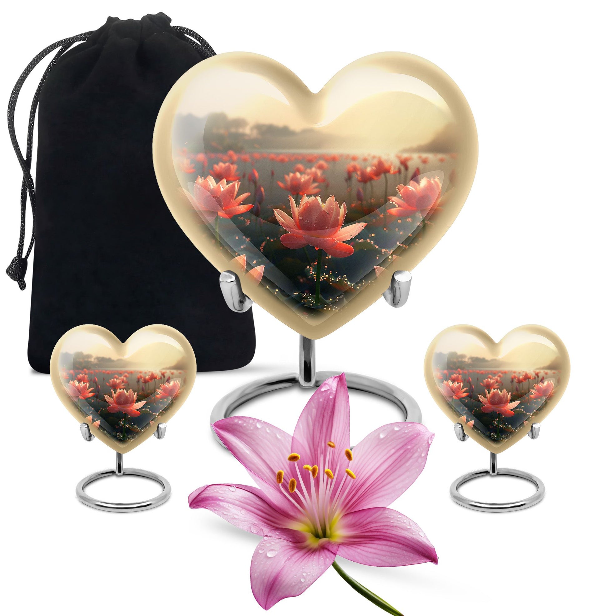 Lotus Theme Large Urn With 2 Keepsake Urn