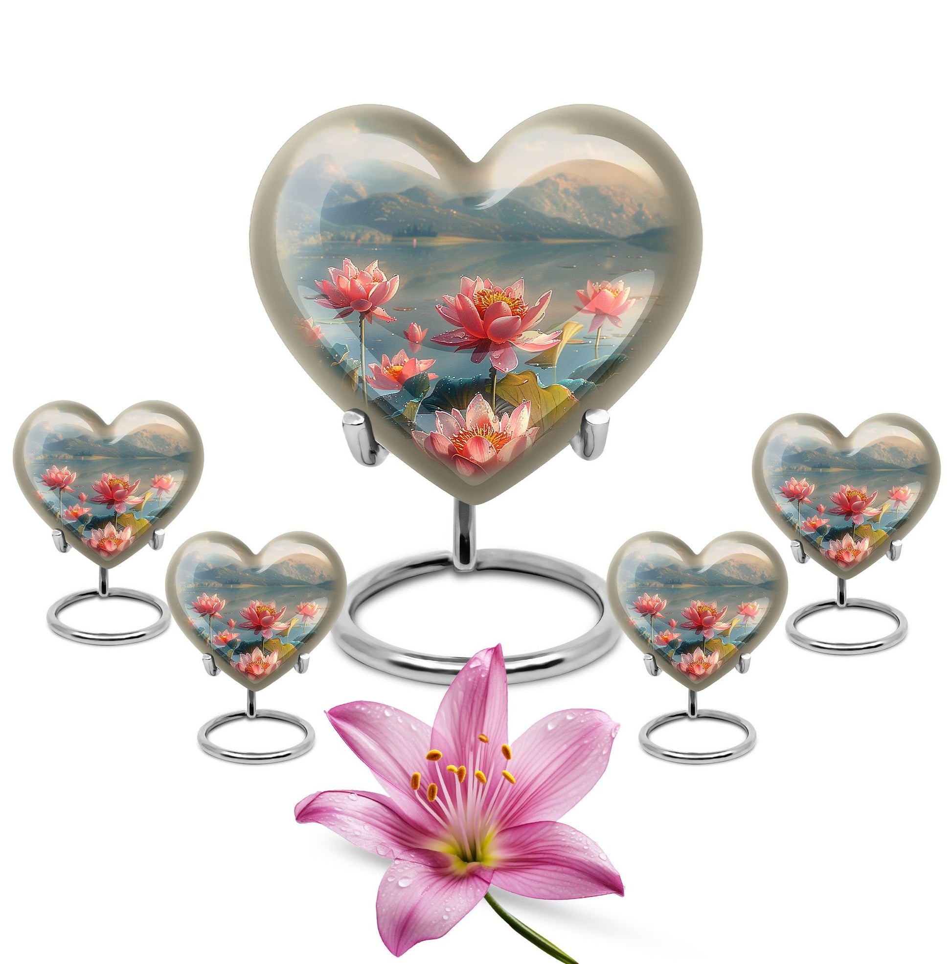 Lotus Theme Large Urn With 4 Keepsake Urn