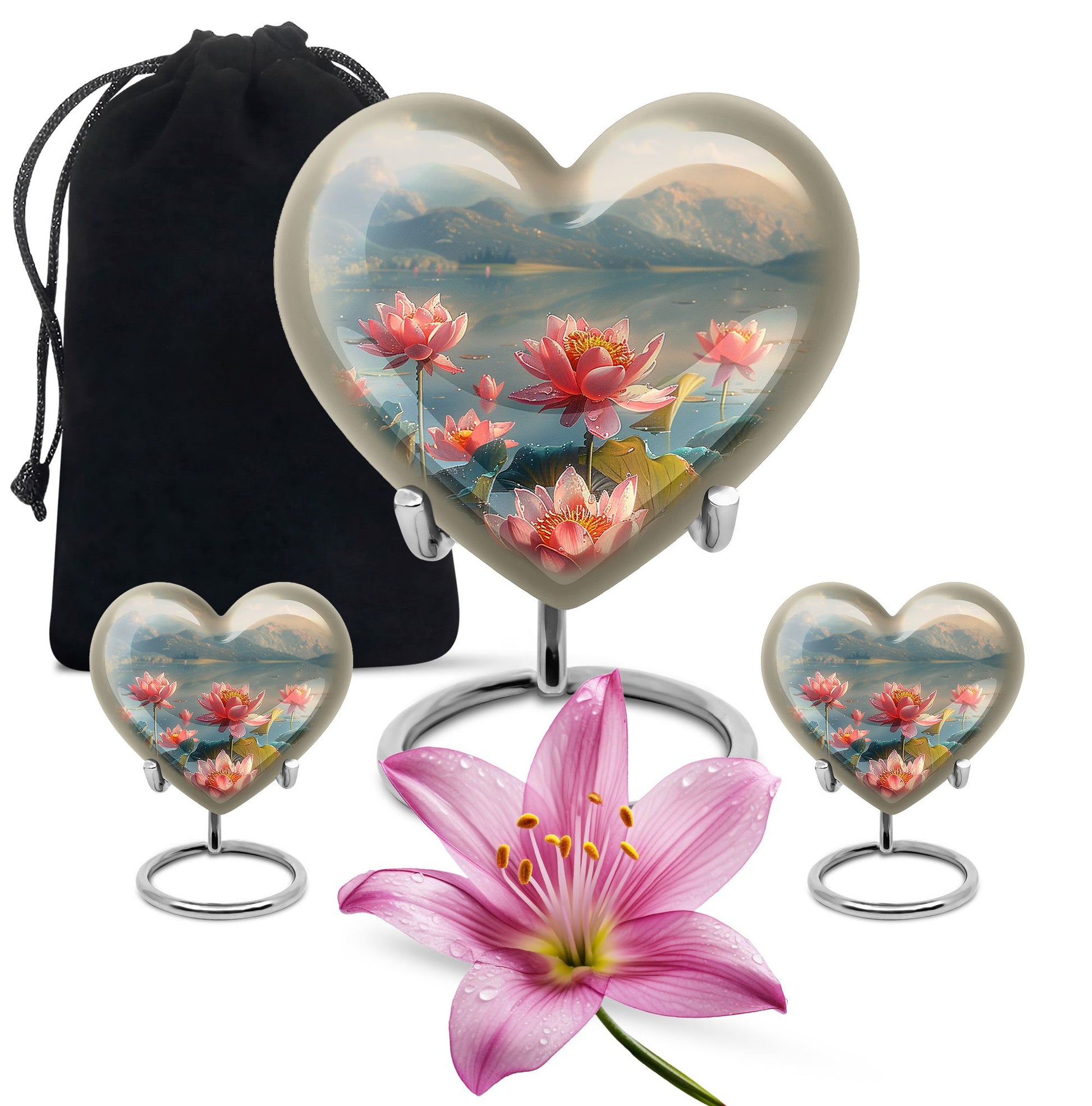 Lotus Theme Large Urn With 2 Keepsake Urn
