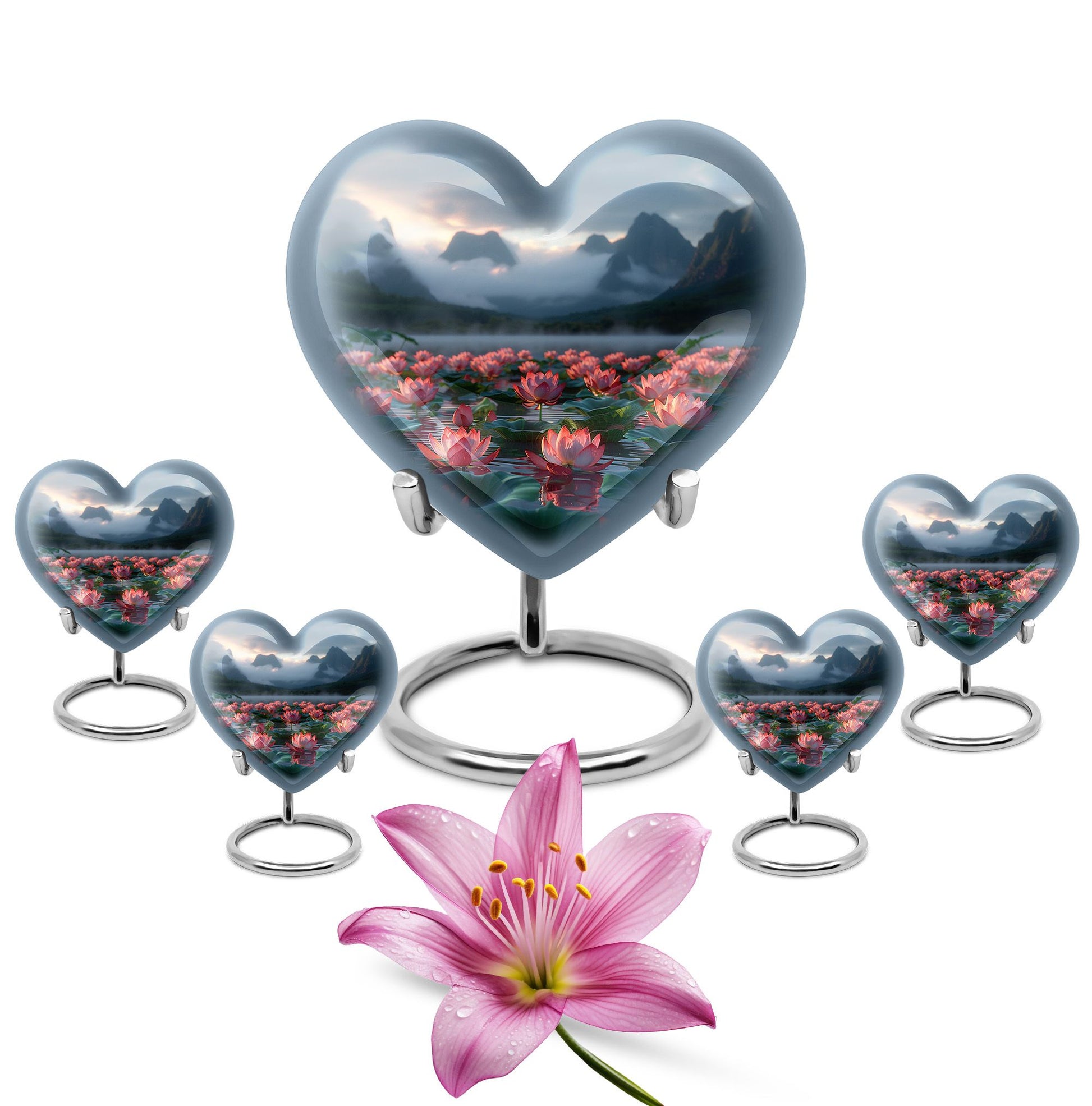 Lotus Theme Large Urn With 4 Keepsake Urn