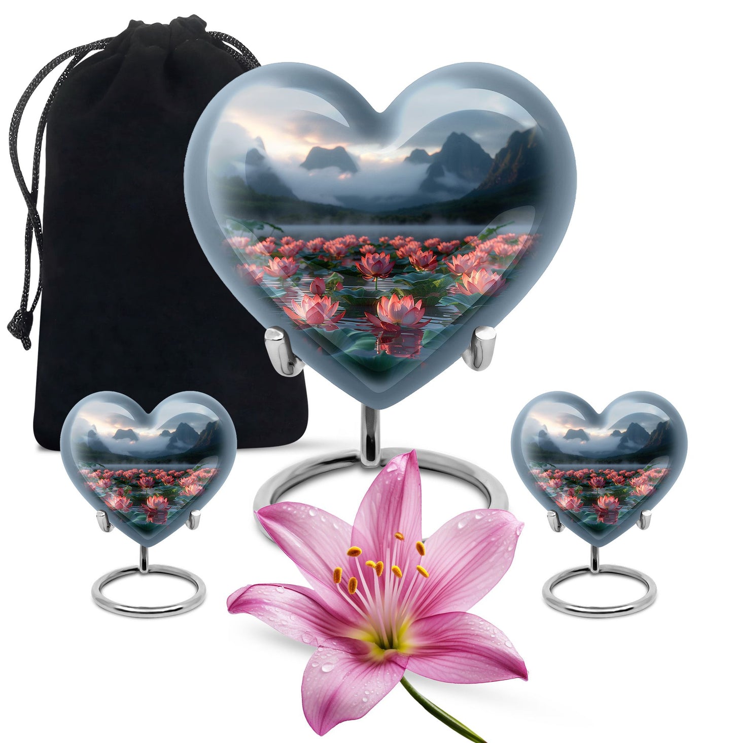 Lotus Theme Large Urn With 2 Keepsake Urn
