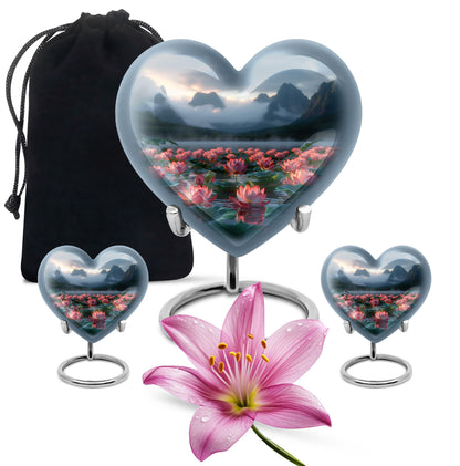 Lotus Theme Large Urn With 2 Keepsake Urn