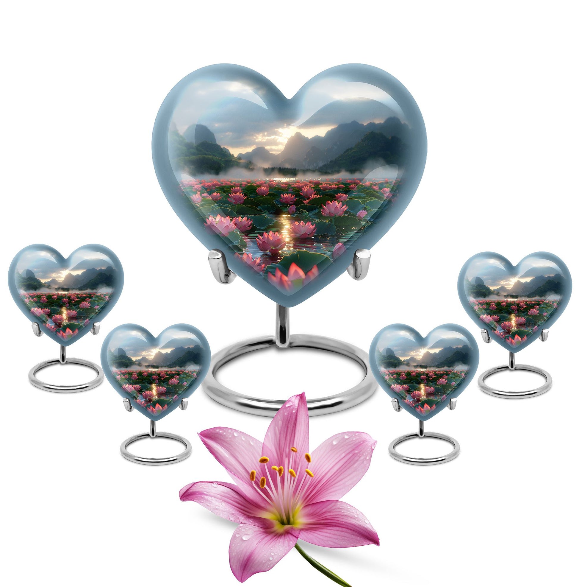 Lotus Theme Large Urn With 4 Keepsake Urn