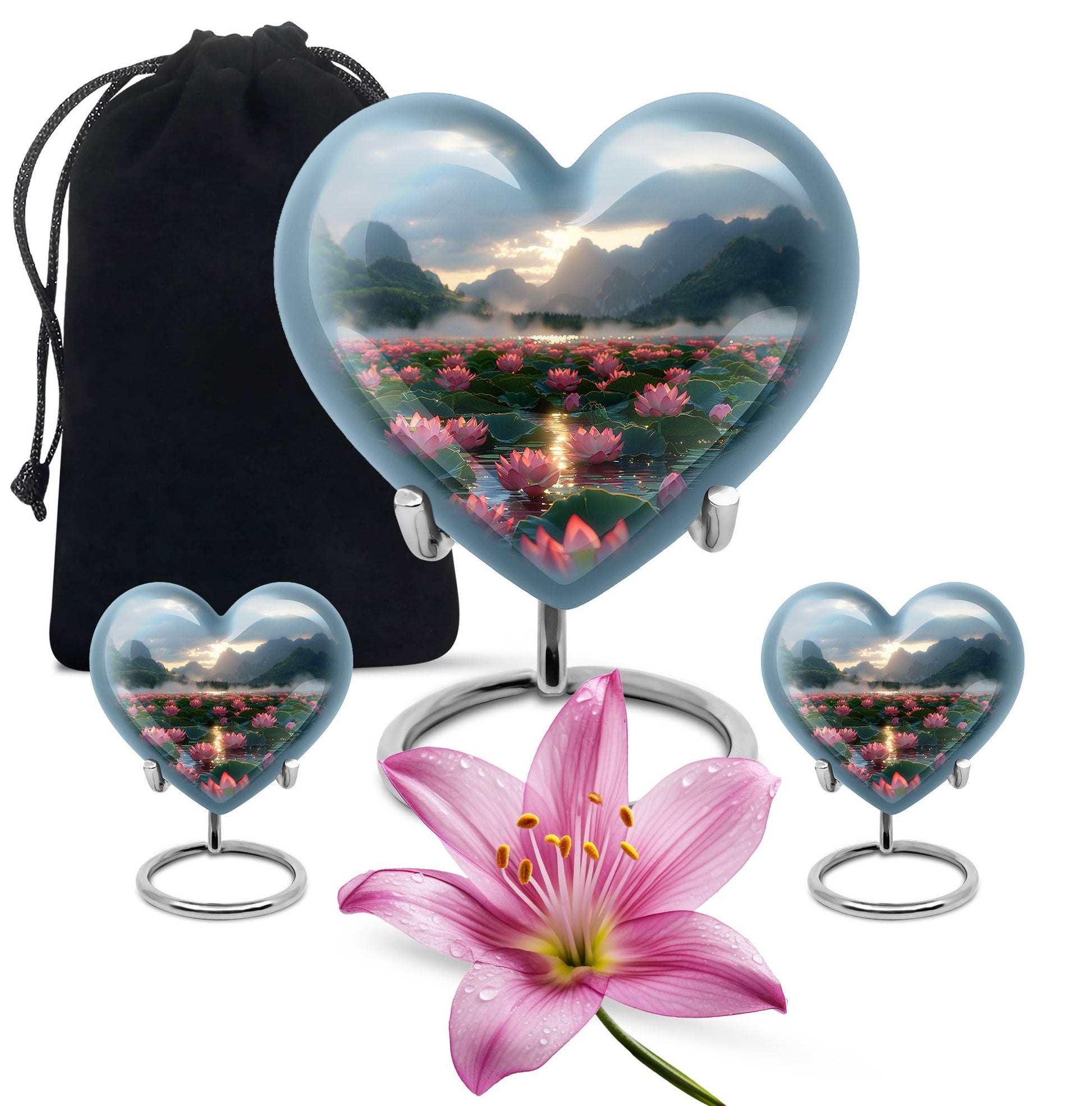 Lotus Theme Large Urn With 2 Keepsake Urn