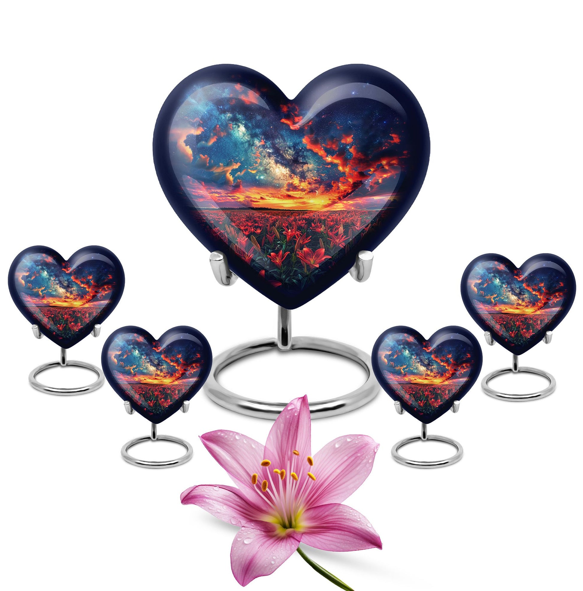 Lily Theme Large Urn With 4 Keepsake Urn