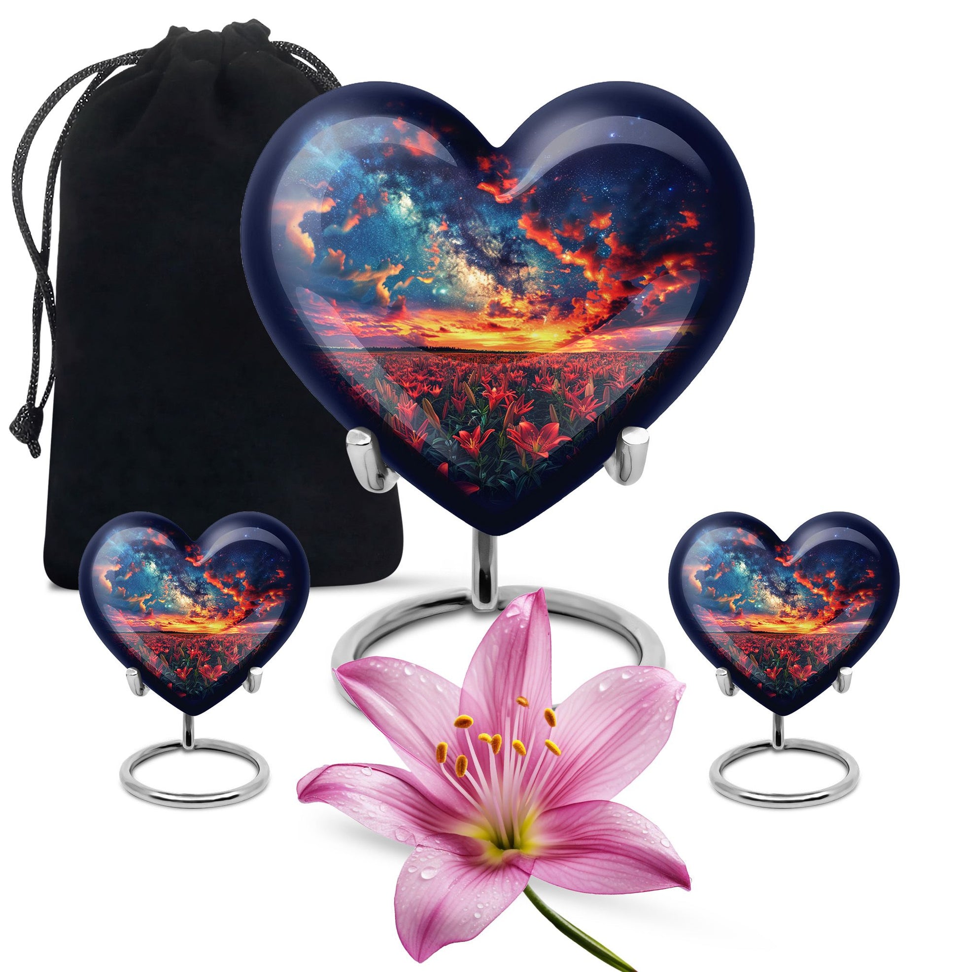 Lily Theme Large Urn With 2 Keepsake Urn