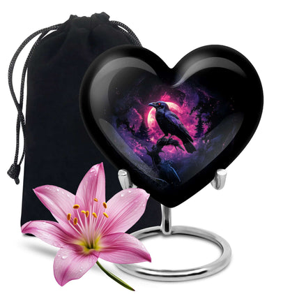 Raven Cremation Urn – Gothic Red Moon Forest Urn for Ashes