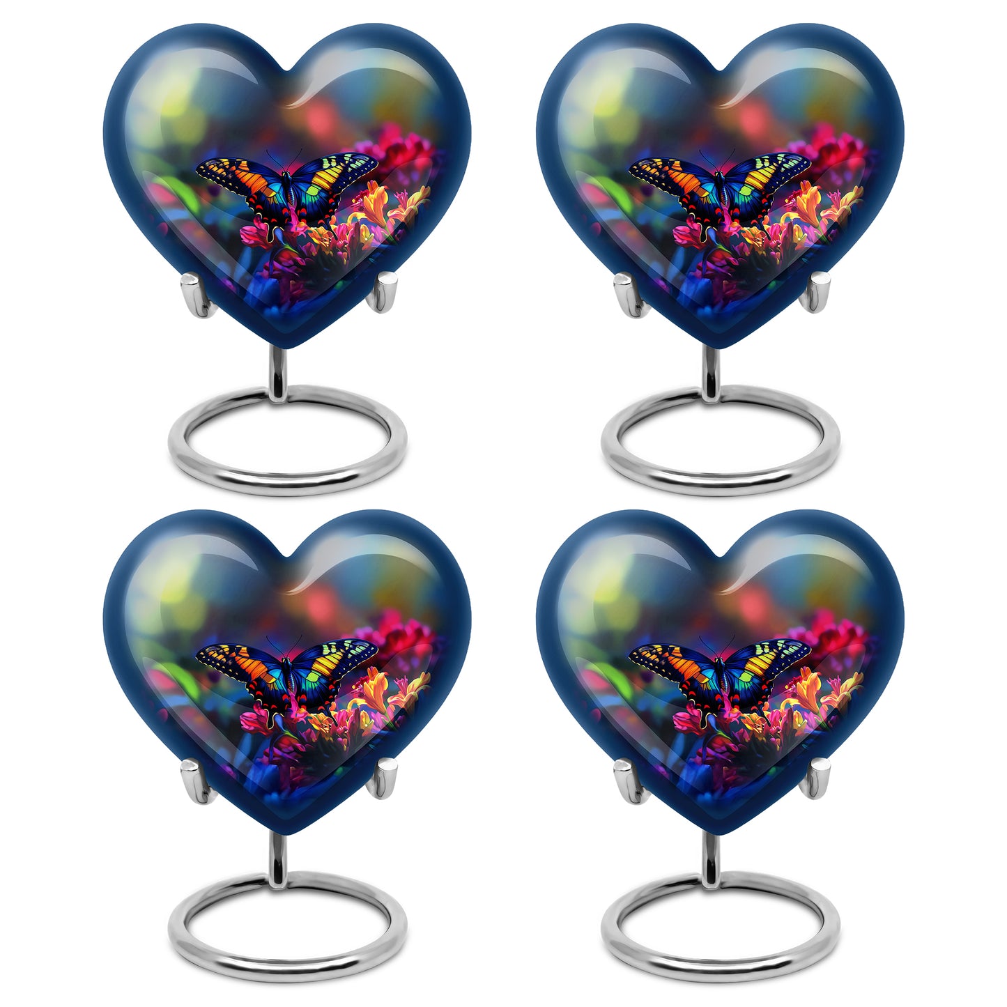 Slate Blue Butterfly Cremation Urn angled view of lid and engraved motif - heart-shaped butterfly design symbolizing eternal love - 10 inch aluminum urn for cremated remains