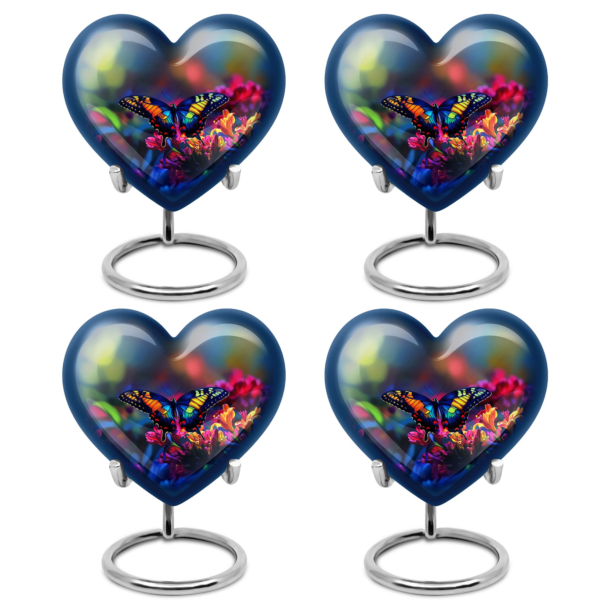 Slate Blue Butterfly Cremation Urn angled view of lid and engraved motif - heart-shaped butterfly design symbolizing eternal love - 10 inch aluminum urn for cremated remains