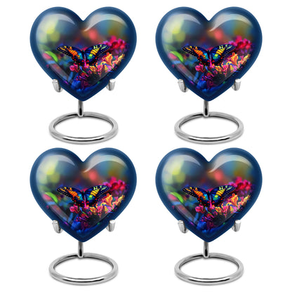 Slate Blue Butterfly Cremation Urn angled view of lid and engraved motif - heart-shaped butterfly design symbolizing eternal love - 10 inch aluminum urn for cremated remains