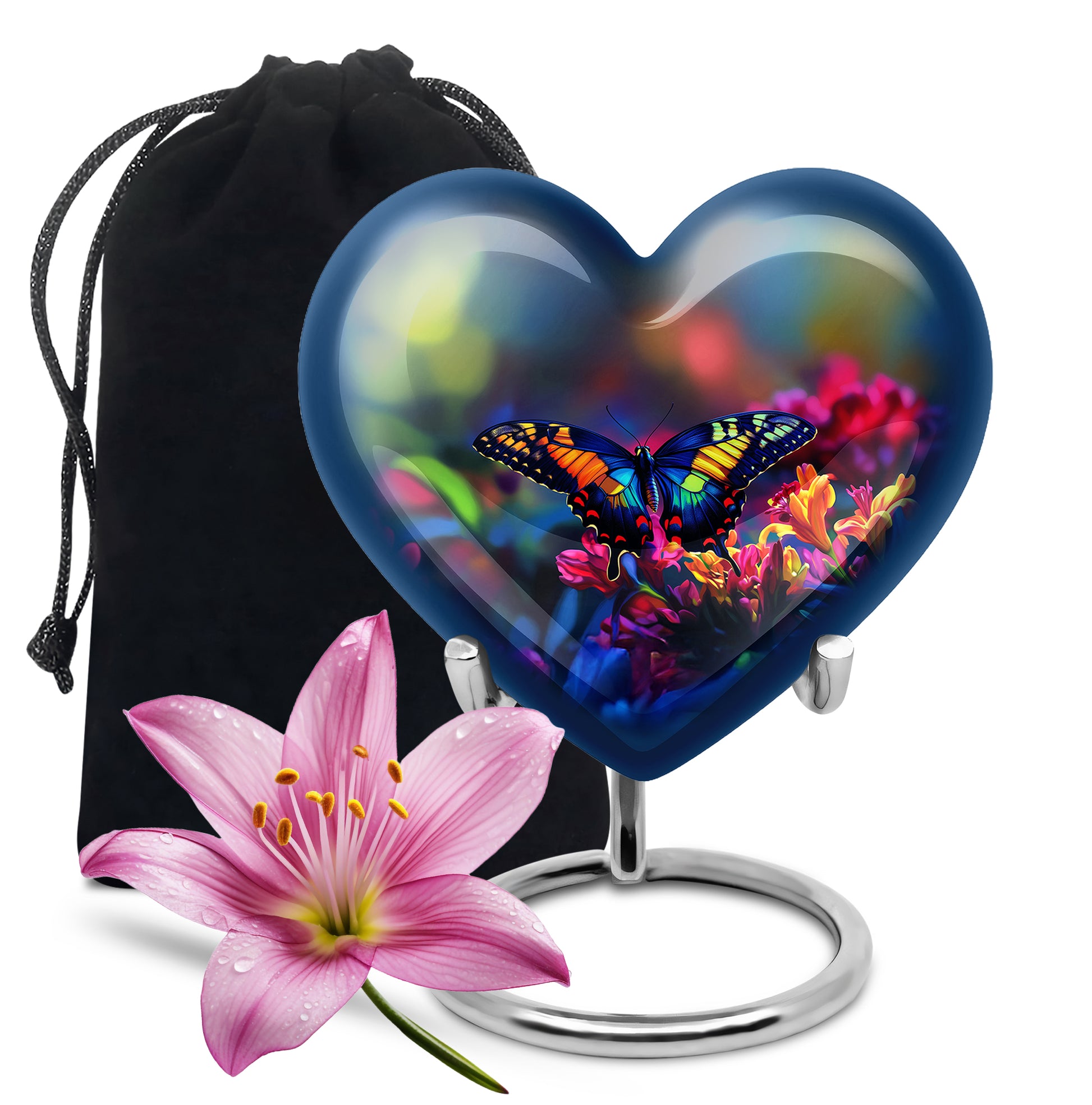 Slate Blue Butterfly Cremation Urn detail view - loving heart memorial featuring butterfly pattern - full-size 10 inch 200 cubic inch adult cremation urn