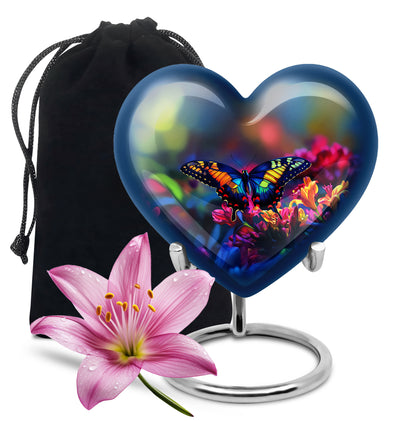 Slate Blue Butterfly Cremation Urn detail view - loving heart memorial featuring butterfly pattern - full-size 10 inch 200 cubic inch adult cremation urn