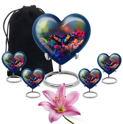 Azure Butterfly Cremation Urn close-up of engraving and surface detail - loving heart memorial featuring butterfly pattern - memorial set with one large and four small urns